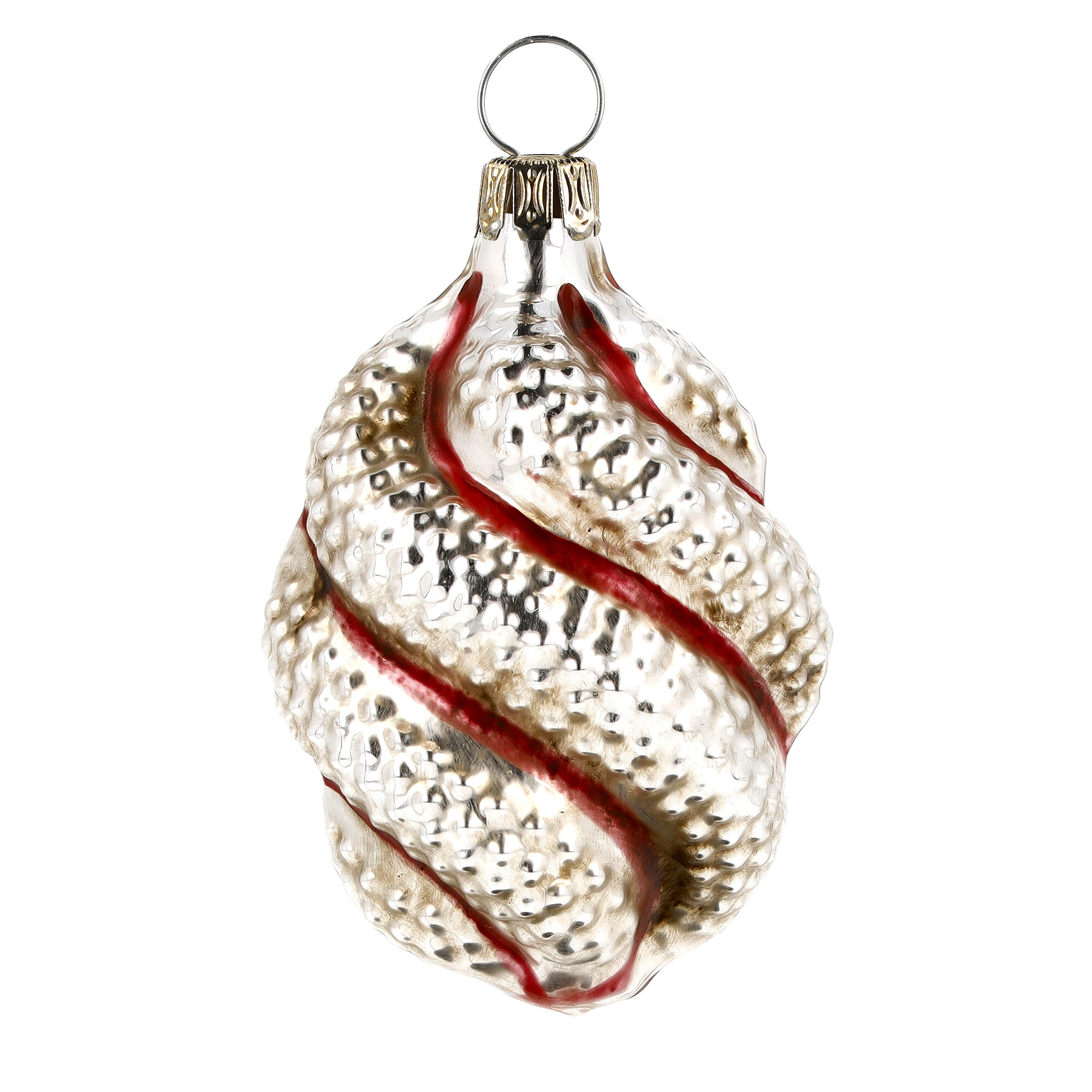 Glas-Weihnachtsschmuck, silber mit roten Spiralstreifen