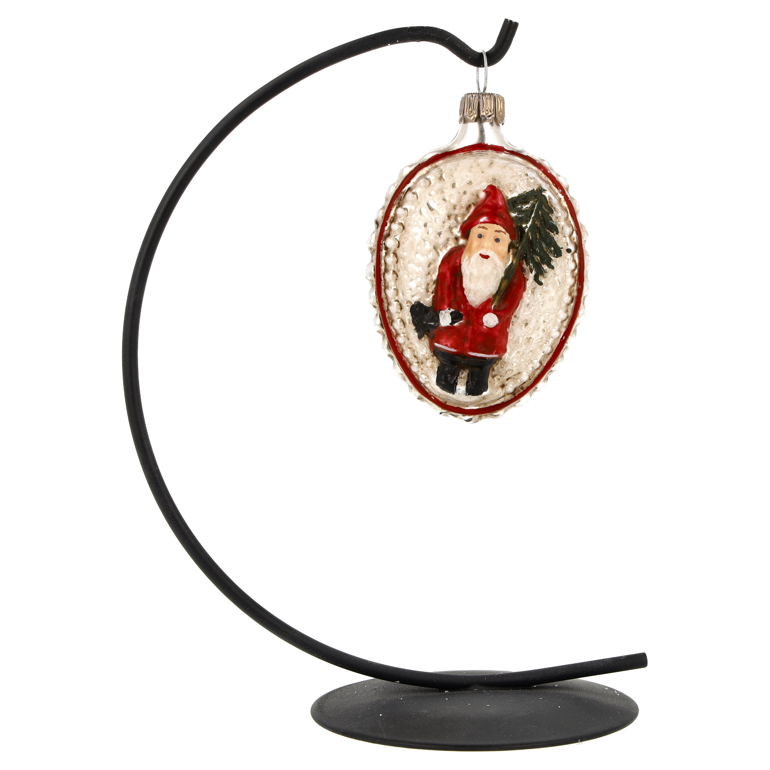 Ovale Glas-Weihnachtskugel mit Weihnachtsmann am Ständer
