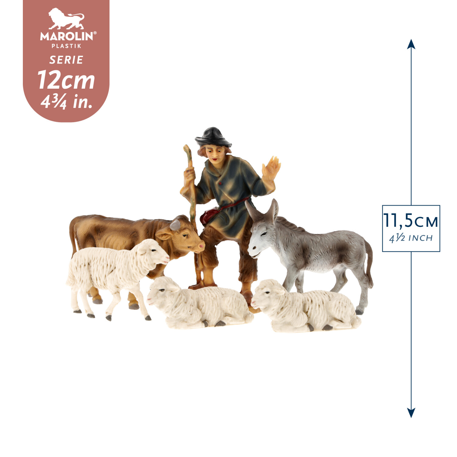 Marolin Krippen-Set: Hirte, Ochs, Esel, Schafe 12 cm