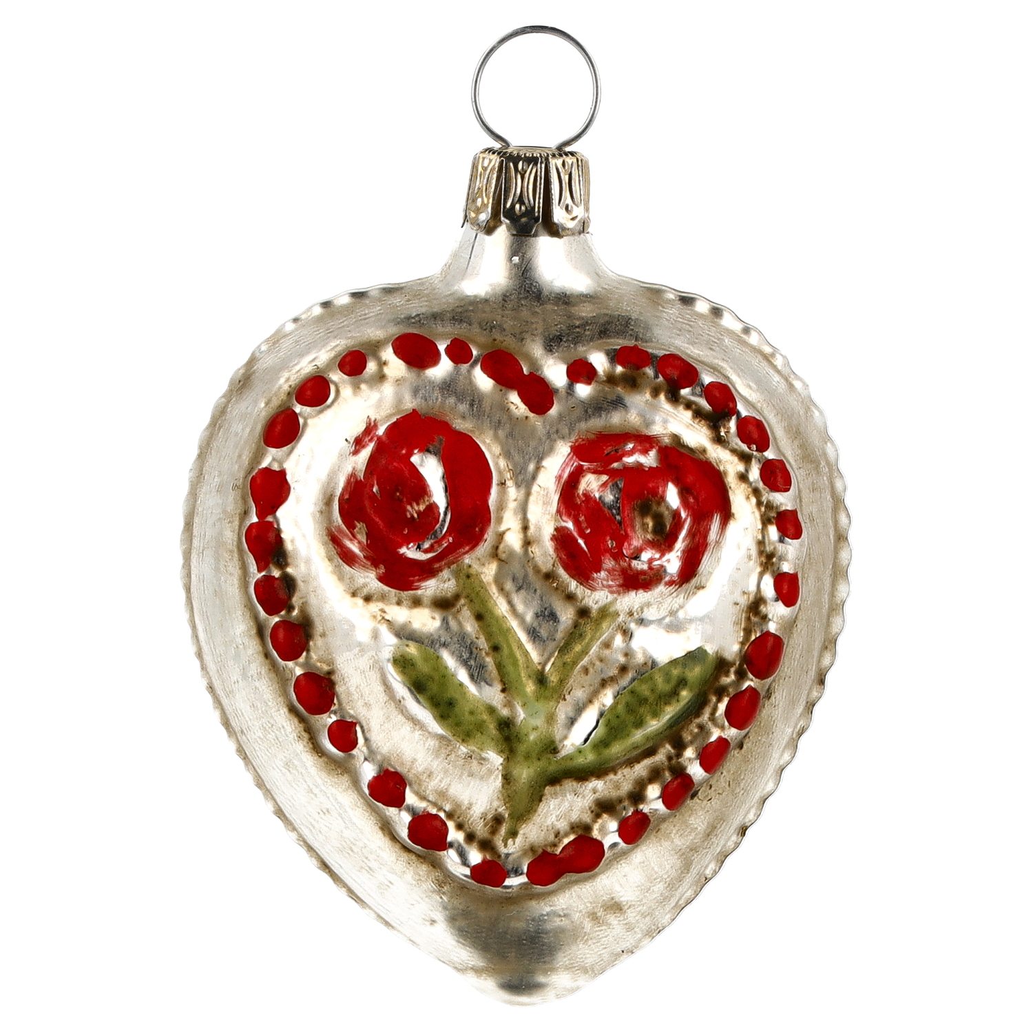 Vintage Christbaumanhänger Herz aus Glas mit Rosenmotiv