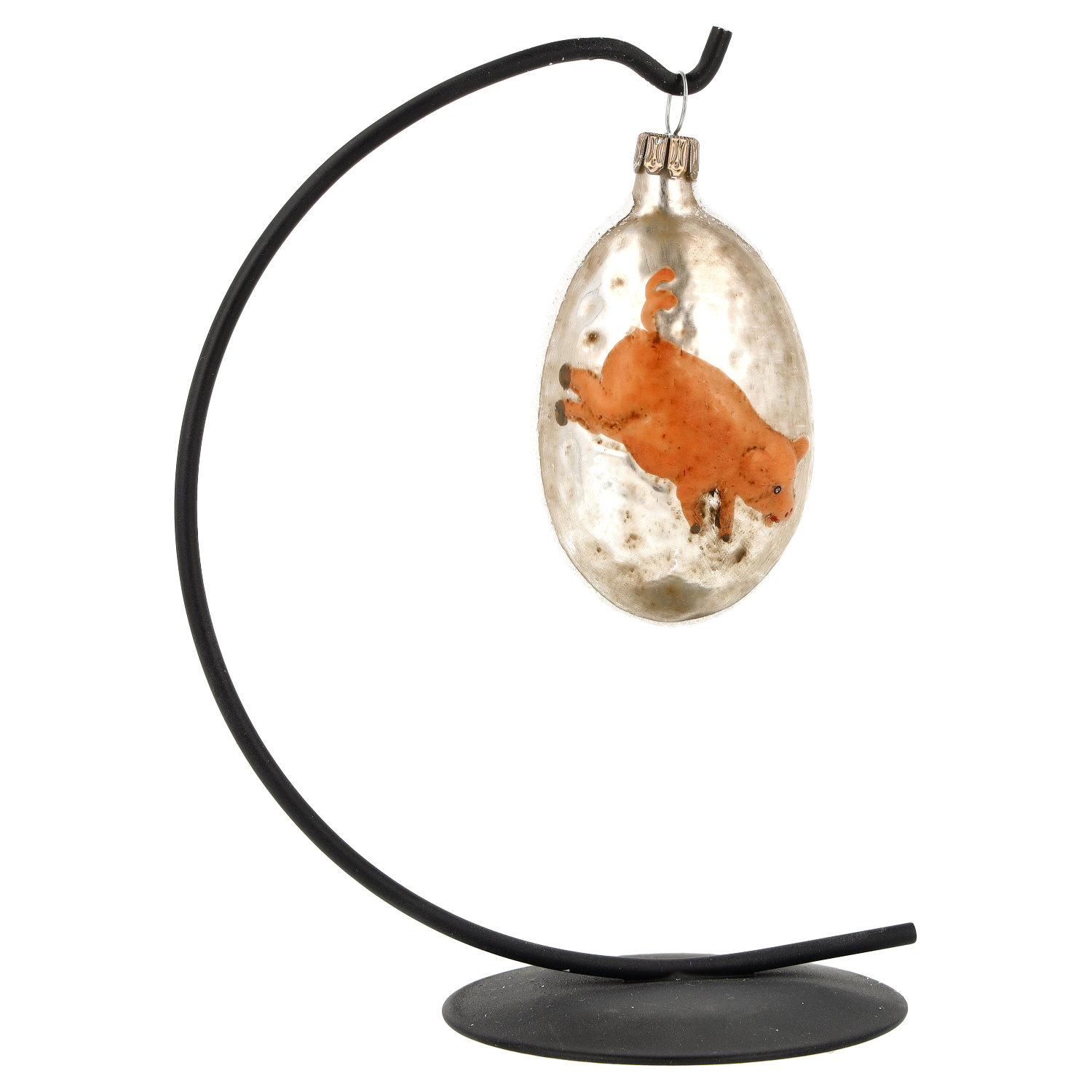 Ovaler Glasornament-Anhänger mit Schwein, silberfarben