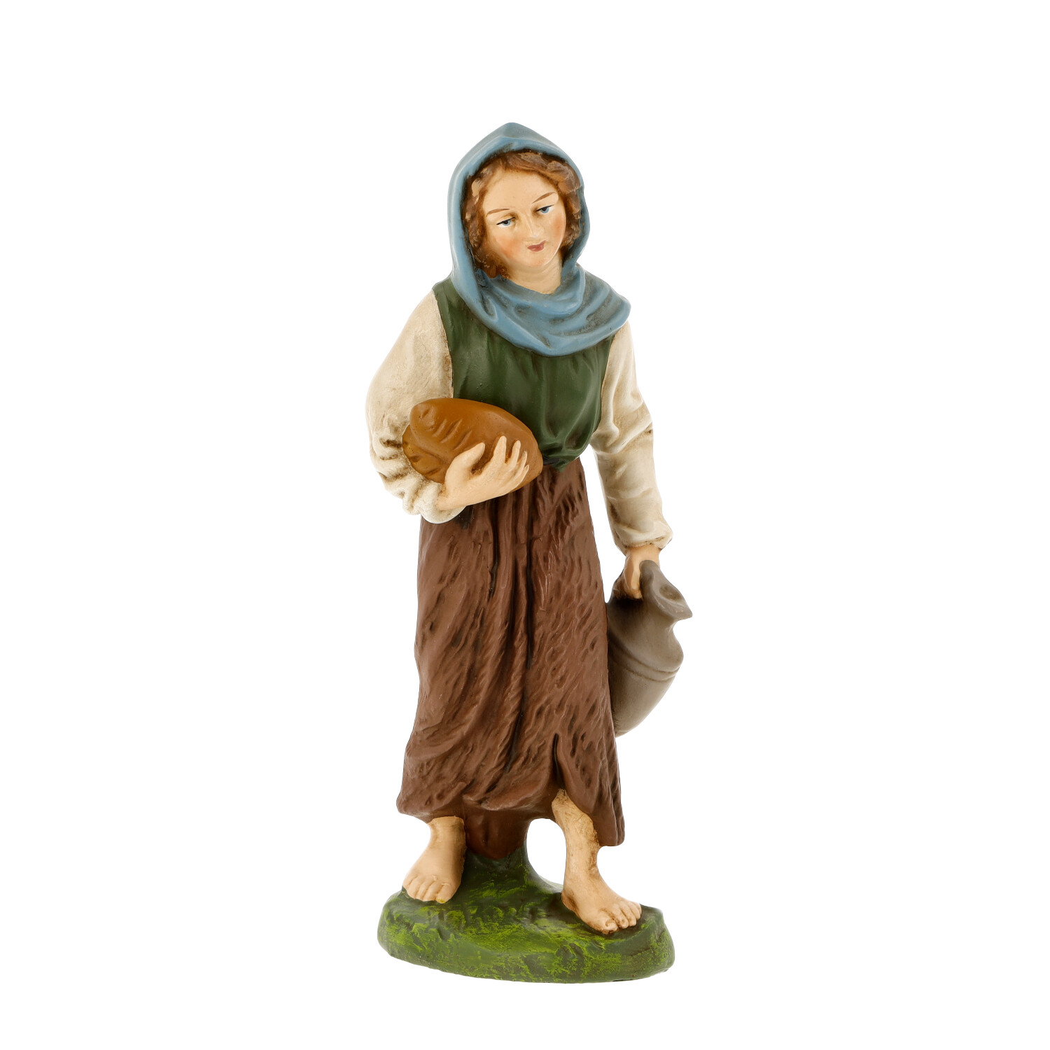 Krippenfigur Bäuerin mit Brotlaib, bemalt