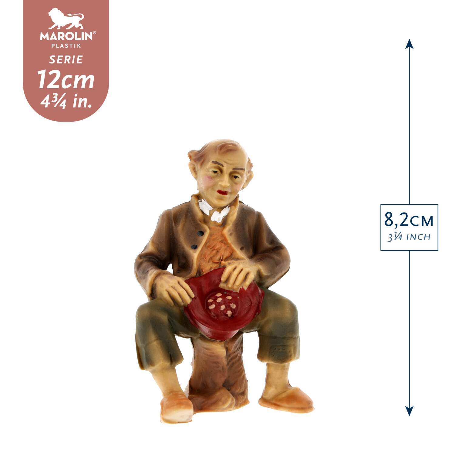 Krippenfigur Bettler sitzend mit rotem Hut, 8,2 cm