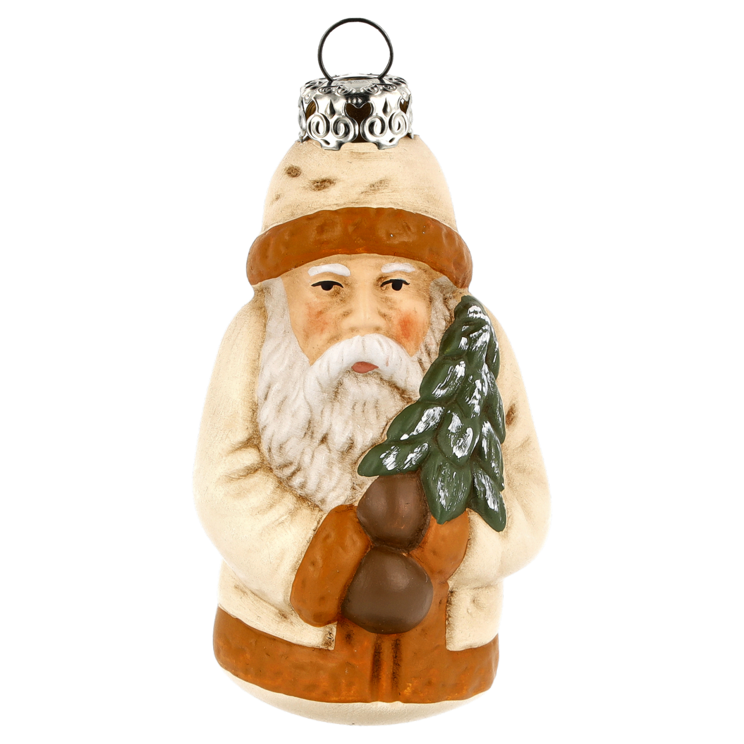 Glasornament Weihnachtsmann beige-braun mit Tannenbaum