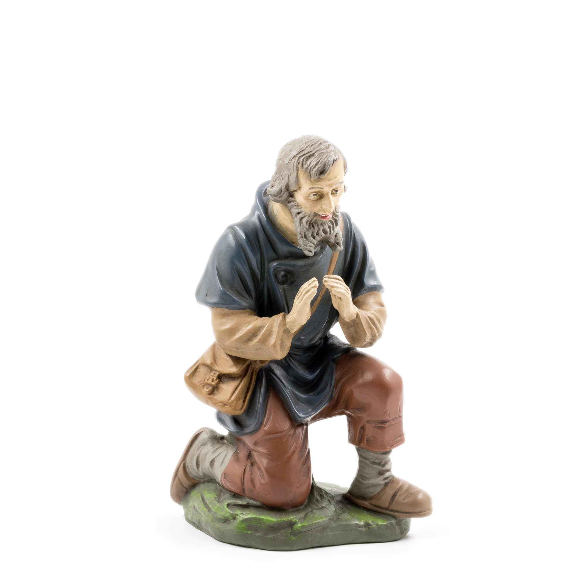 Krippenfigur Hirte kniend mit Tasche, handbemalt