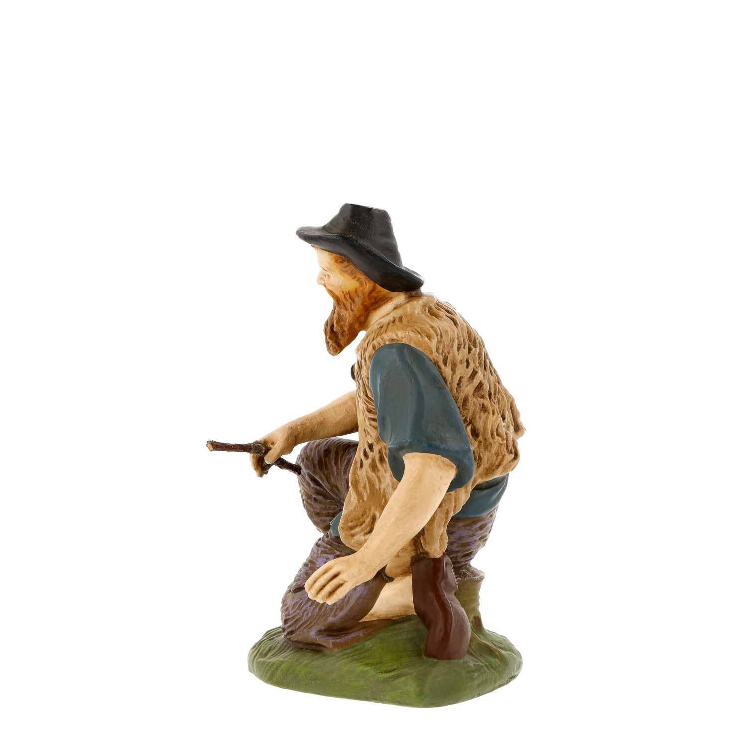 Kniender Hirte mit Stock, handbemalte Krippenfigur