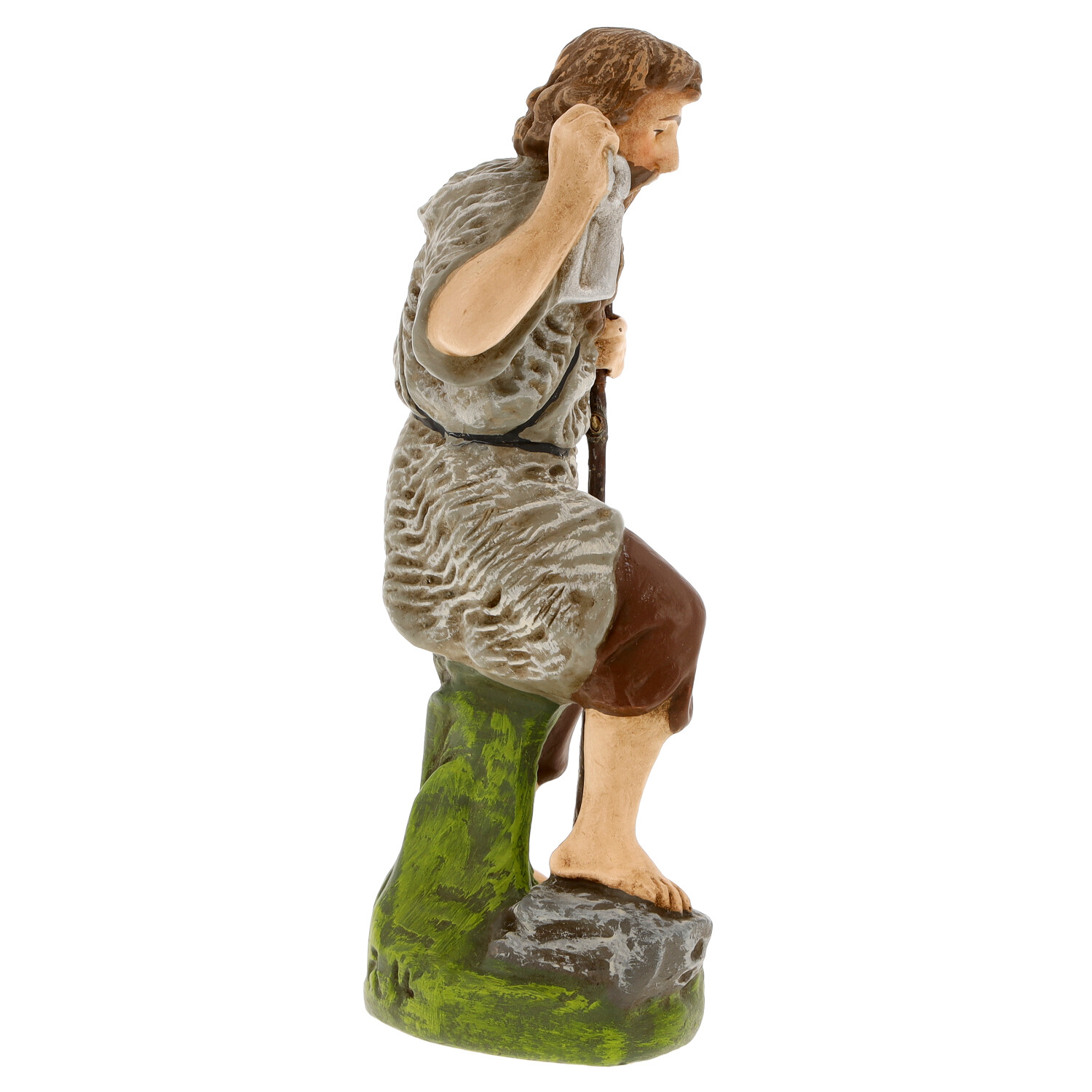 Krippenfigur Hirte auf Felsen mit Stab, bemalt