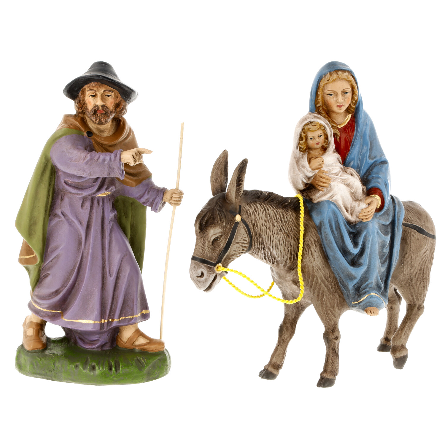 Krippenfiguren Maria mit Jesuskind auf Esel und Josef