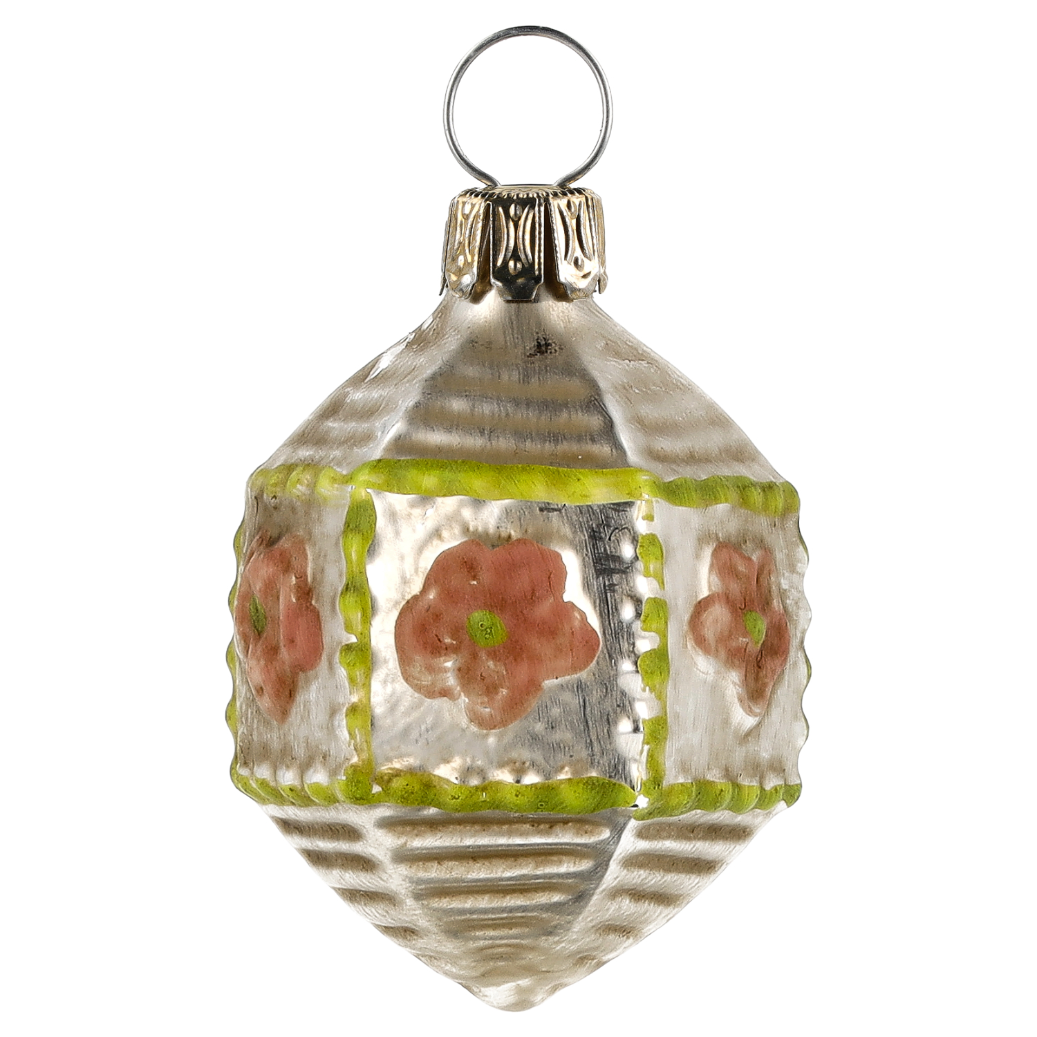 Patiniertes, handbemaltes Glas-Sechseck mit Blüten, Marolin