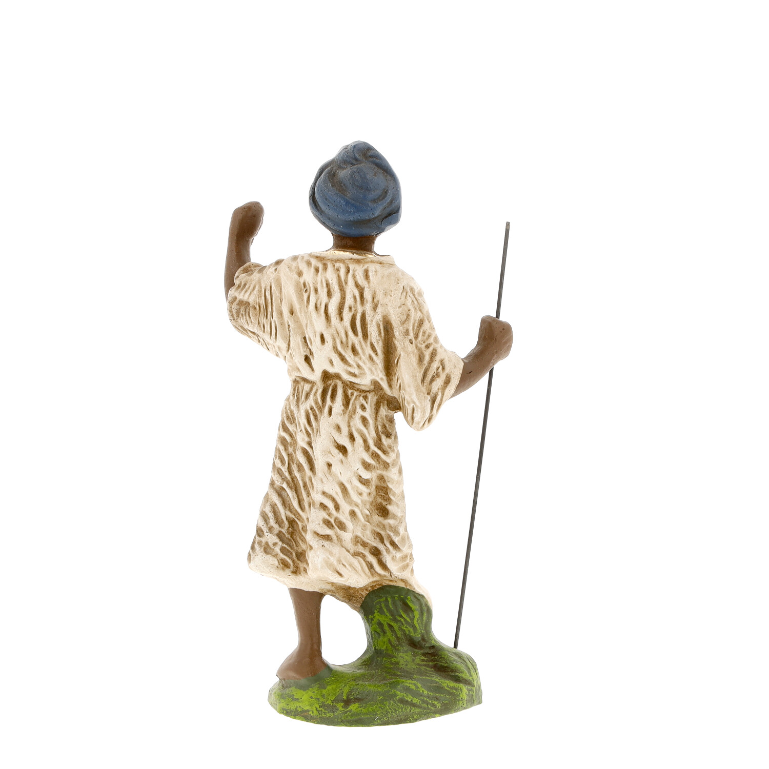 Hirten-Krippenfigur mit Stab auf Sockel, Rückansicht