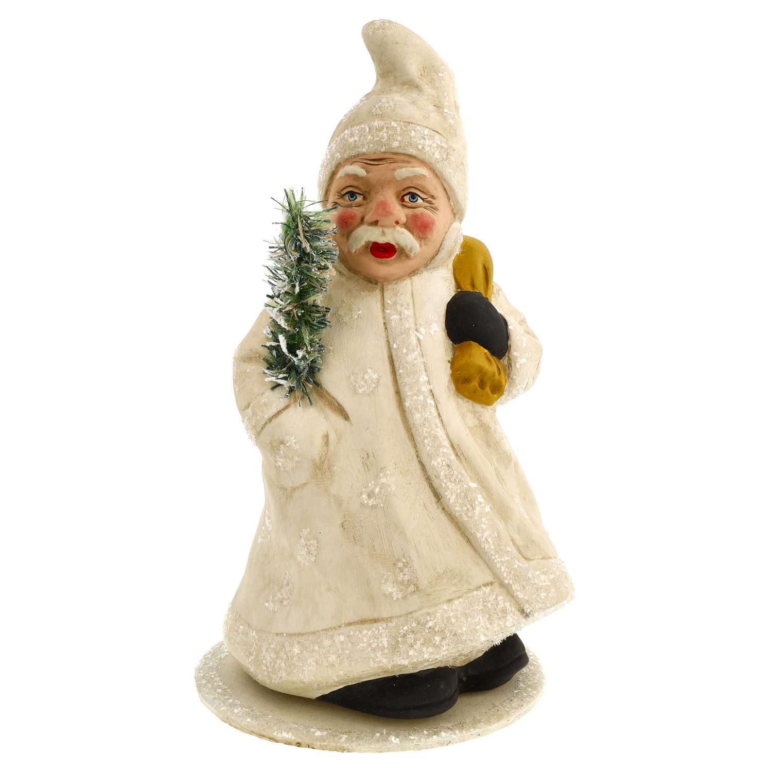 Nostalgische Weihnachtsmann-Figur in Weiß mit Baum und Sack