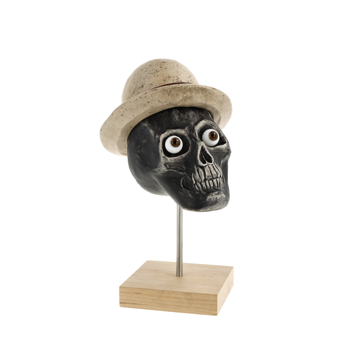 Schwarzer Deko-Schädel mit Hut, großen Augen, Holzfuß