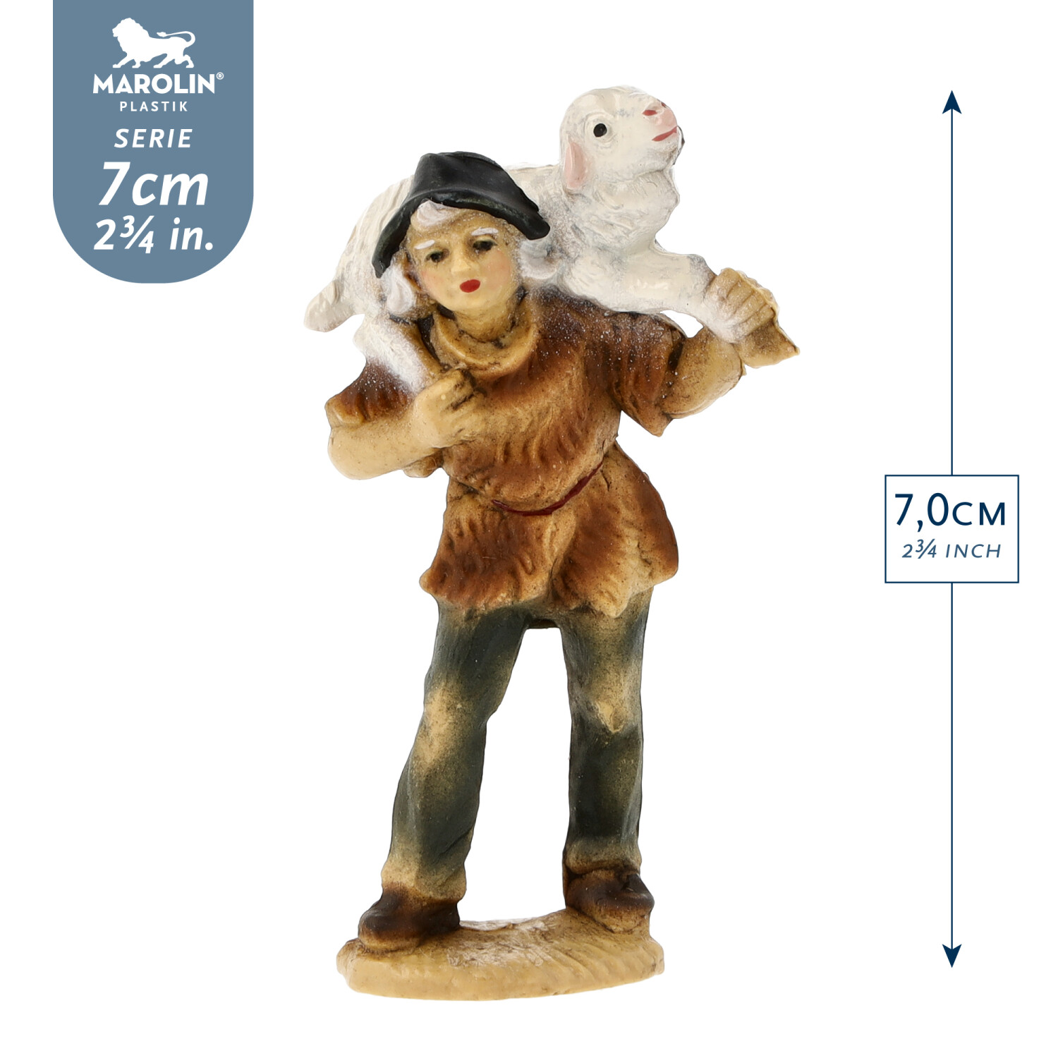 Krippenfigur Hirt trägt Lamm auf Schultern, 7 cm