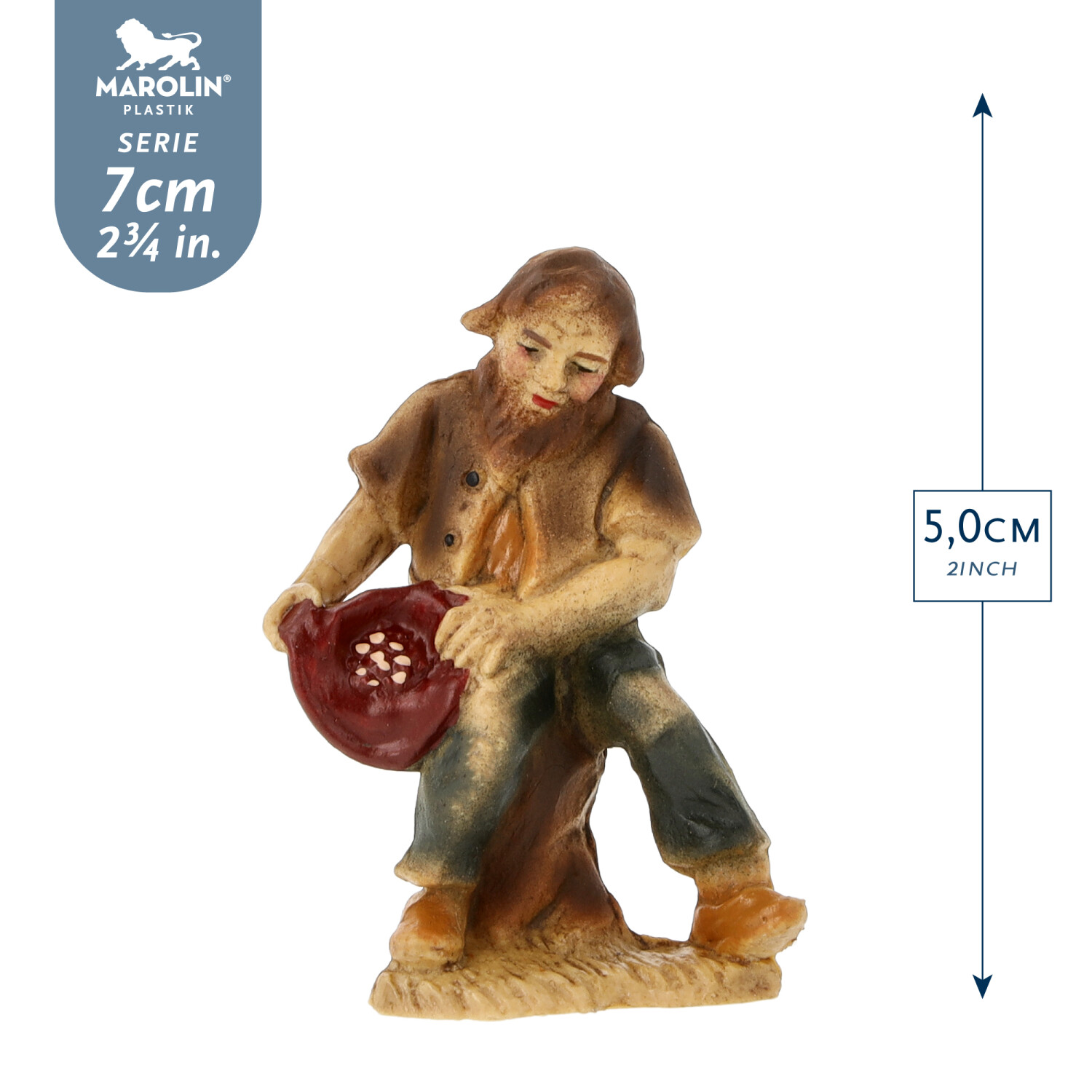 Sitzende Krippenfigur mit roter Schale, Serie 7 cm