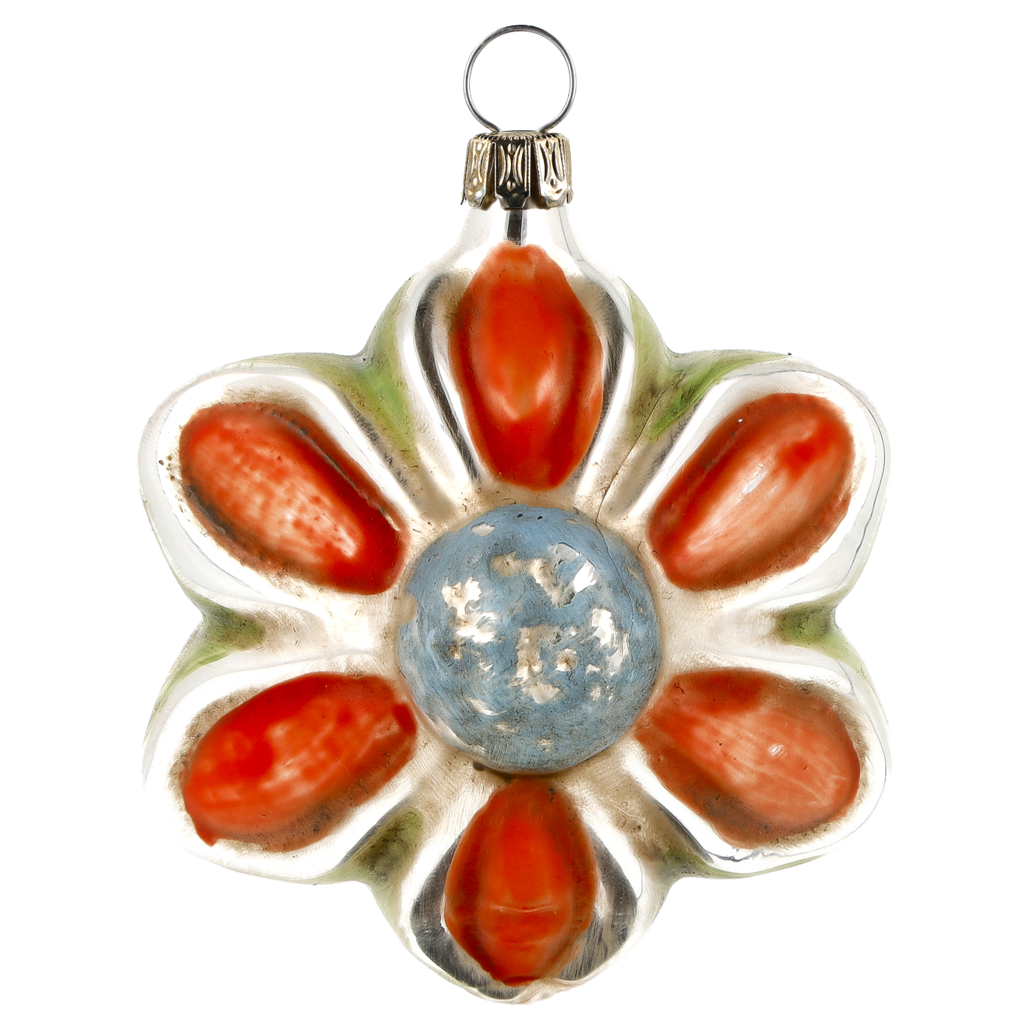 Vintage-Glas-Christbaumschmuck, Blume rot mit blauer Mitte