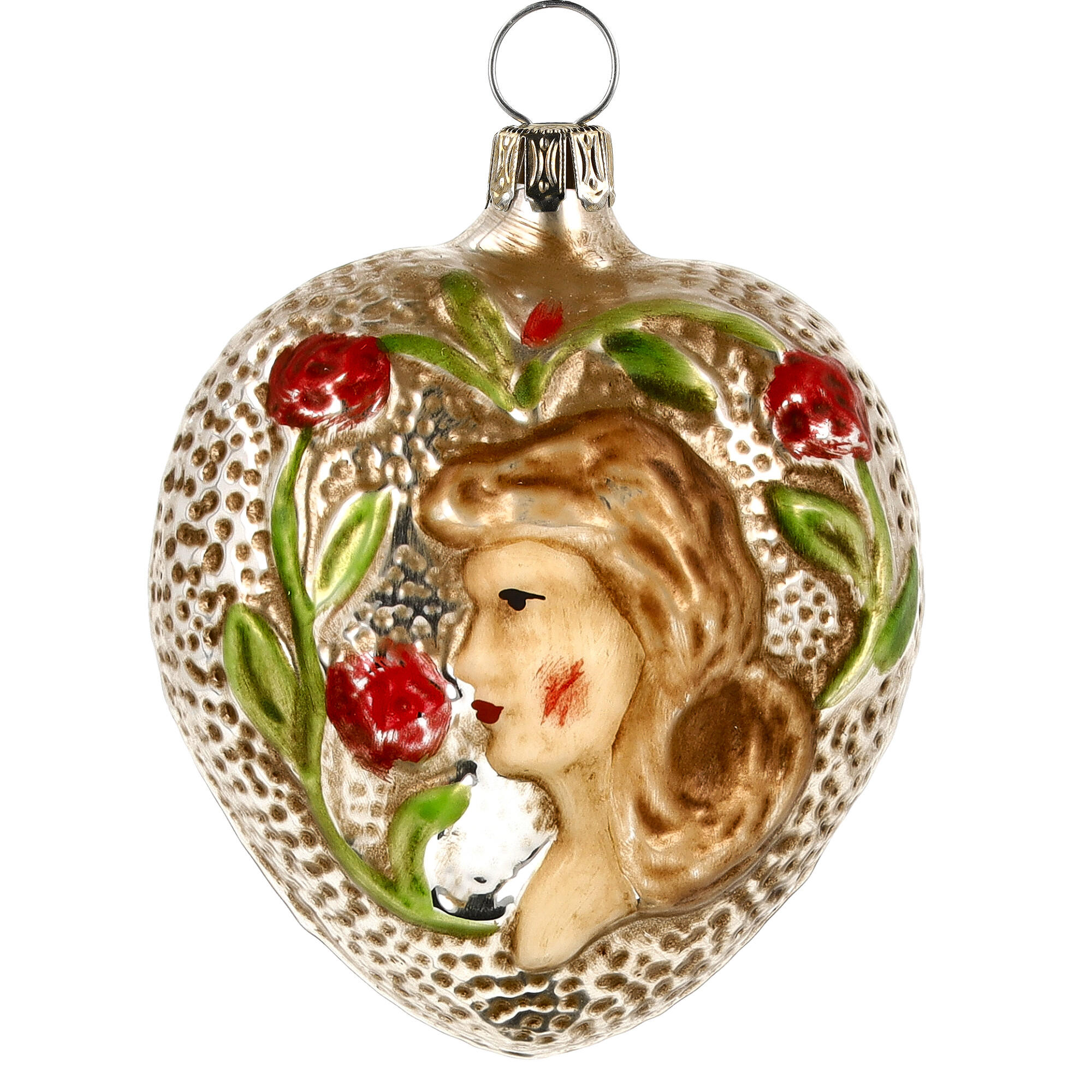 Nostalgisches Glasornament - Herz mit Mädchen und Rosen