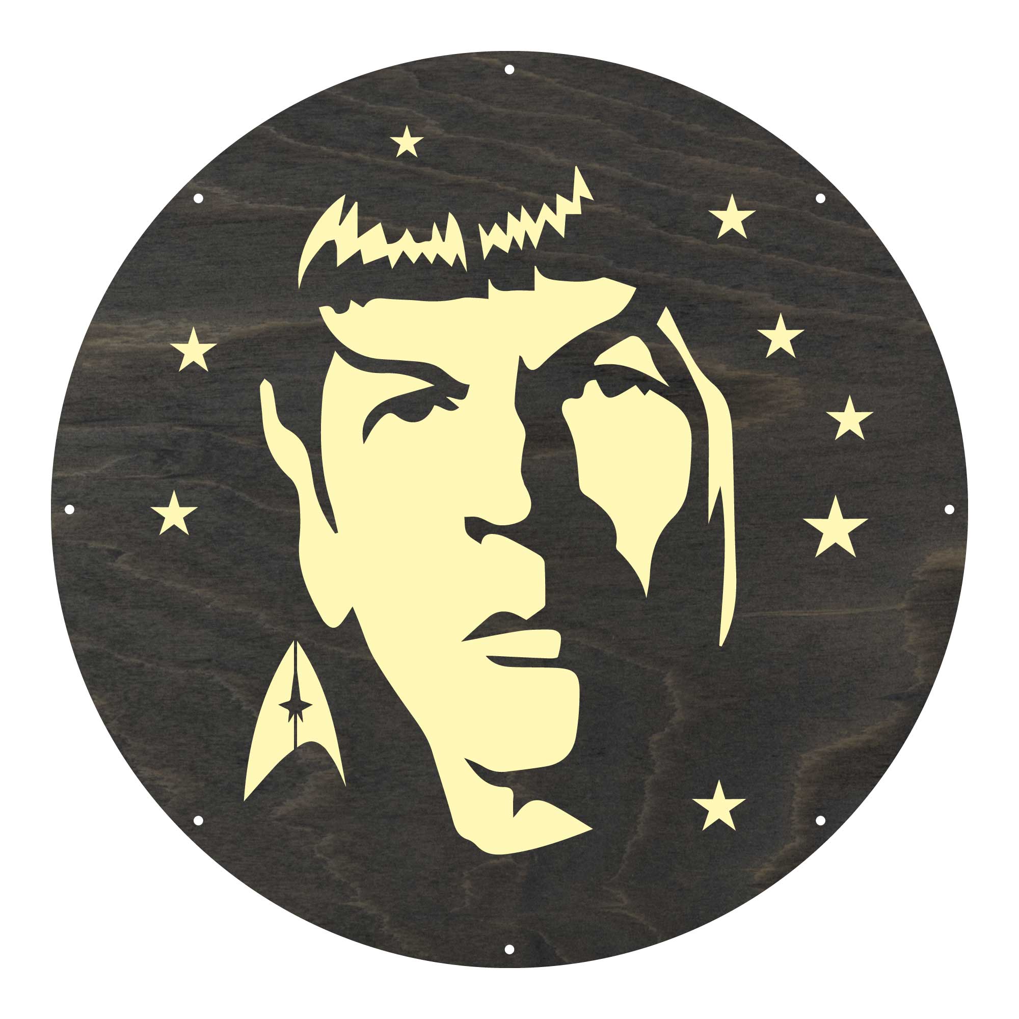 Holzbild Spock mit Sternen und Raumschiff