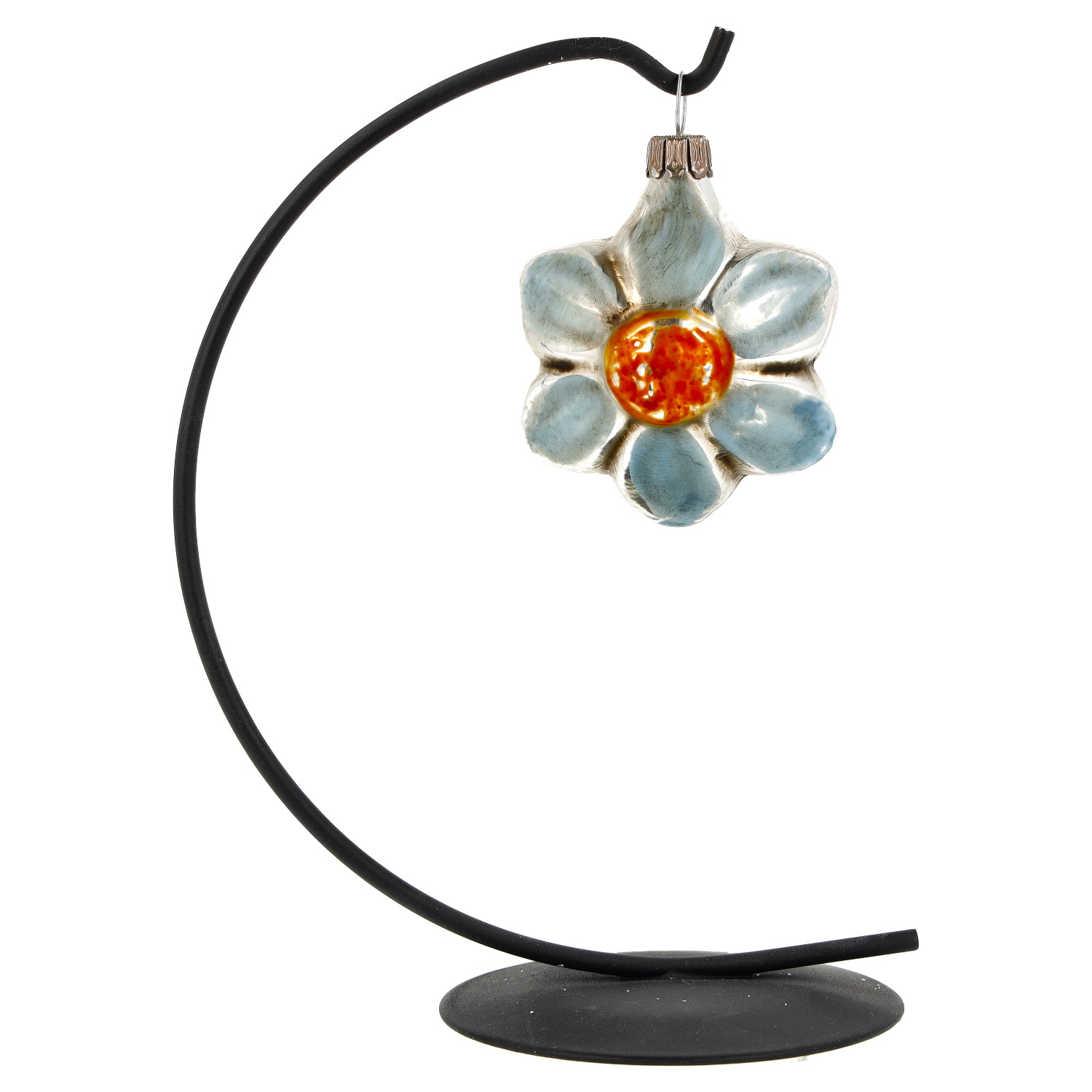 Glas-Weihnachtsanhänger Blume mit orange Mitte am Ständer