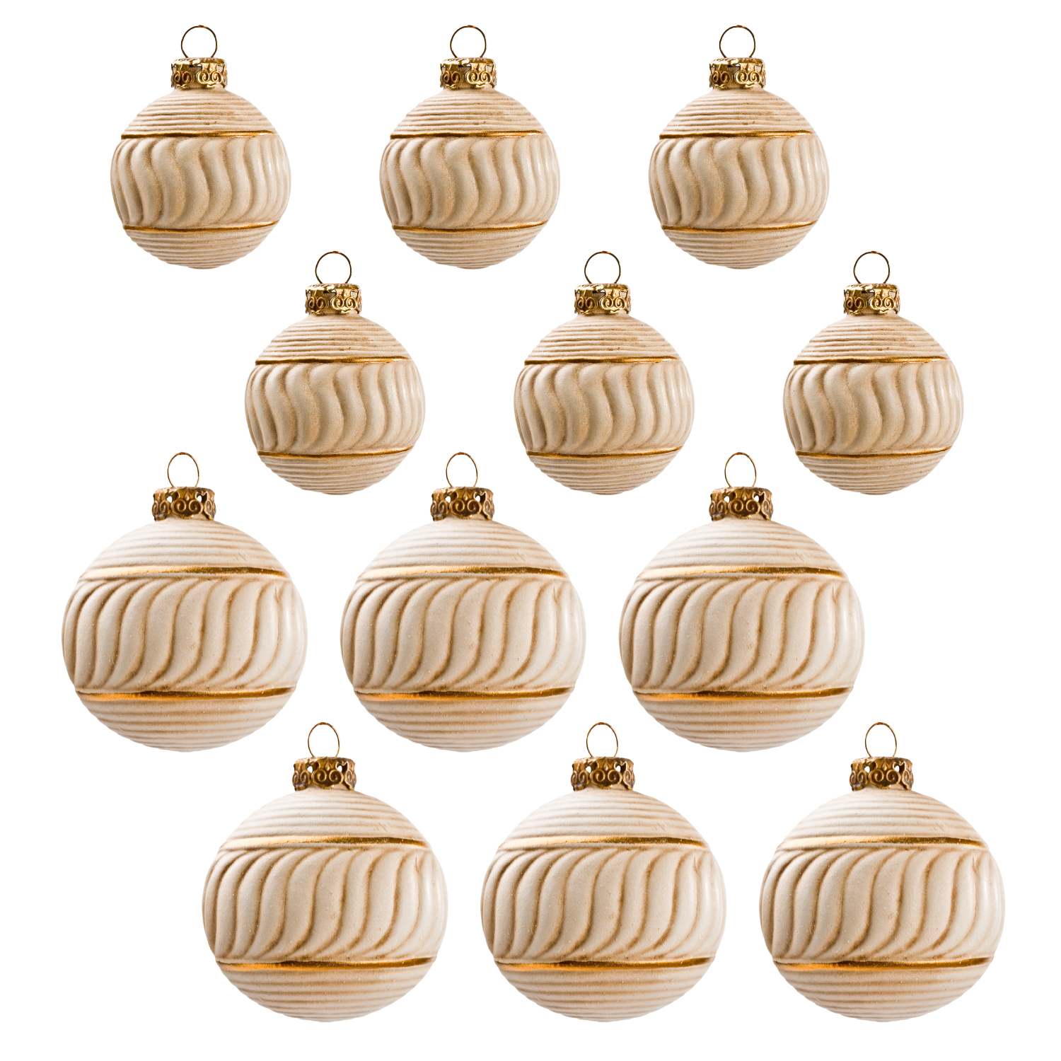 12er Set creme-goldene Weihnachtskugeln mit Rillen