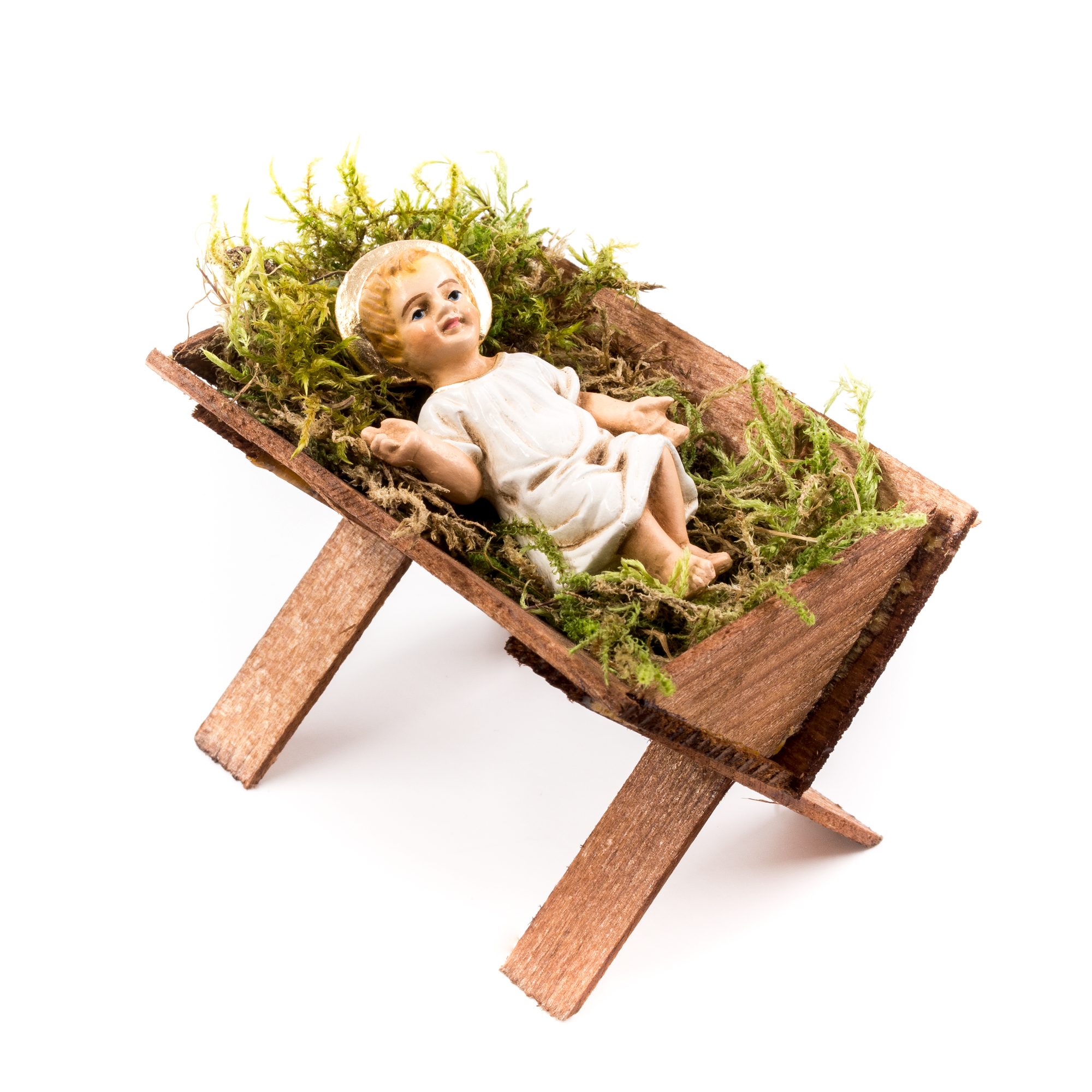 Jesuskind-Figur in Moosbett, Holzkrippe, Weihnachtsdeko