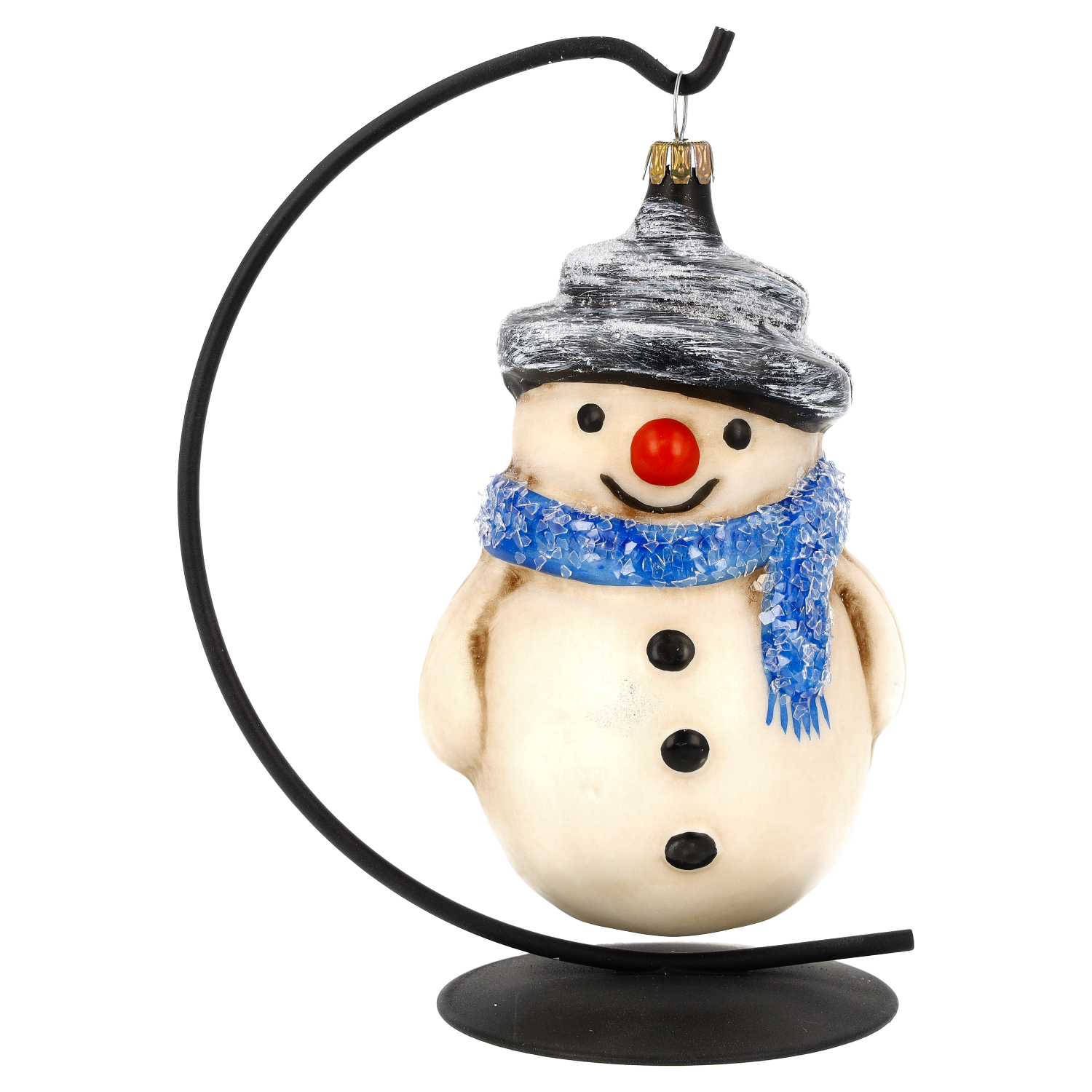 Glas-Schneemann mit blauem Schal, Hut, am Ständer hängend