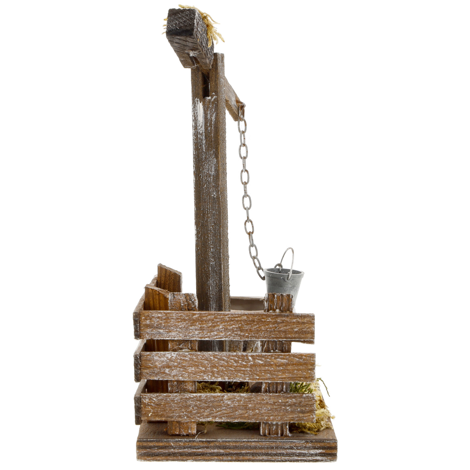 Miniatur Holzbrunnen mit Kette und Metalleimer für Krippe