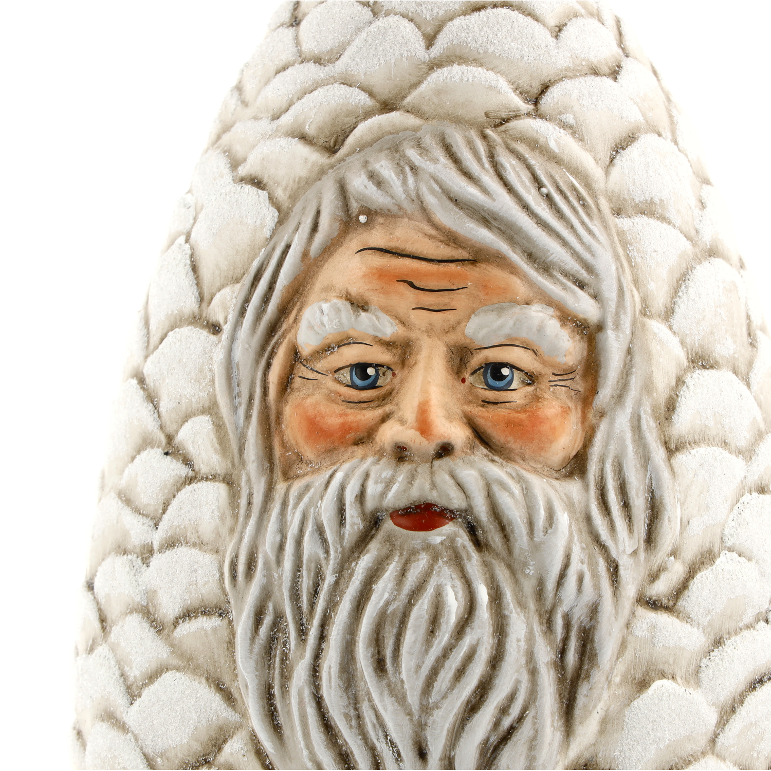 Nahaufnahme Weihnachtsmann in weißem Tannenzapfen