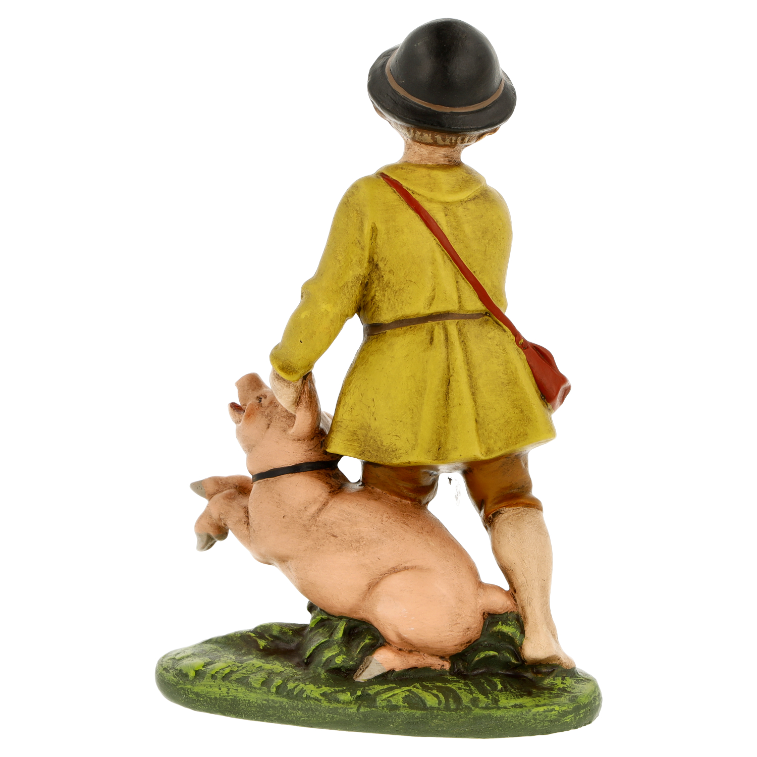 Rückansicht handbemalte Schweinehirt-Figur mit Schwein