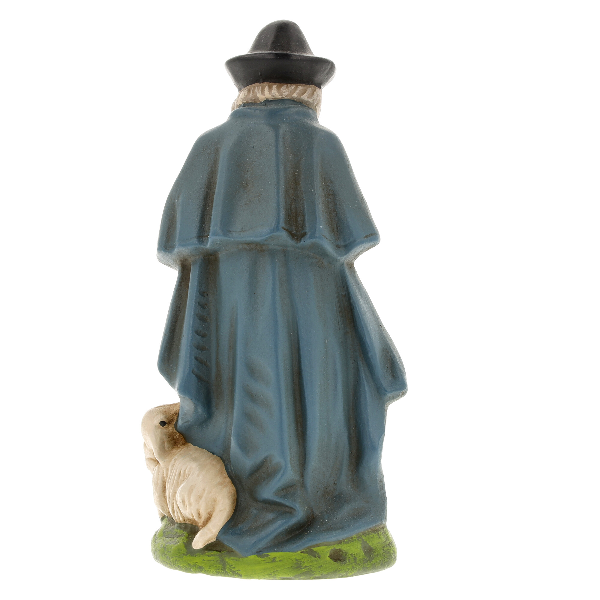 Krippenfigur Hirte mit Schaf, blau, Rückansicht