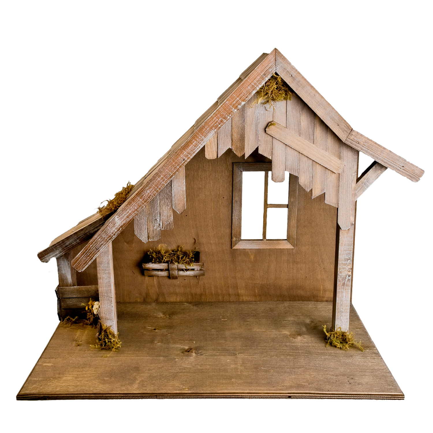 Rustikaler Holz-Krippenstall, leer, mit Fenster
