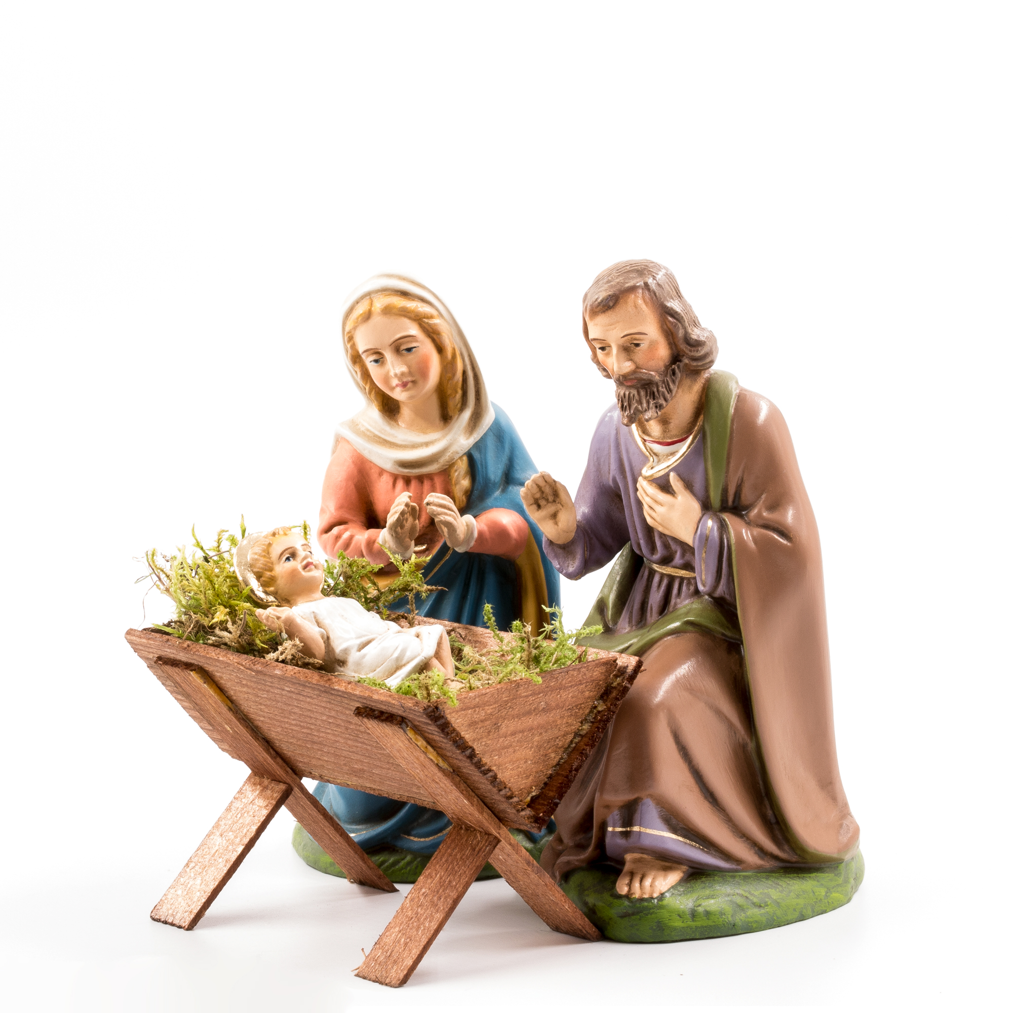 Heilige Familie mit Holzkrippe, 4 Teile, zu 17cm Figuren