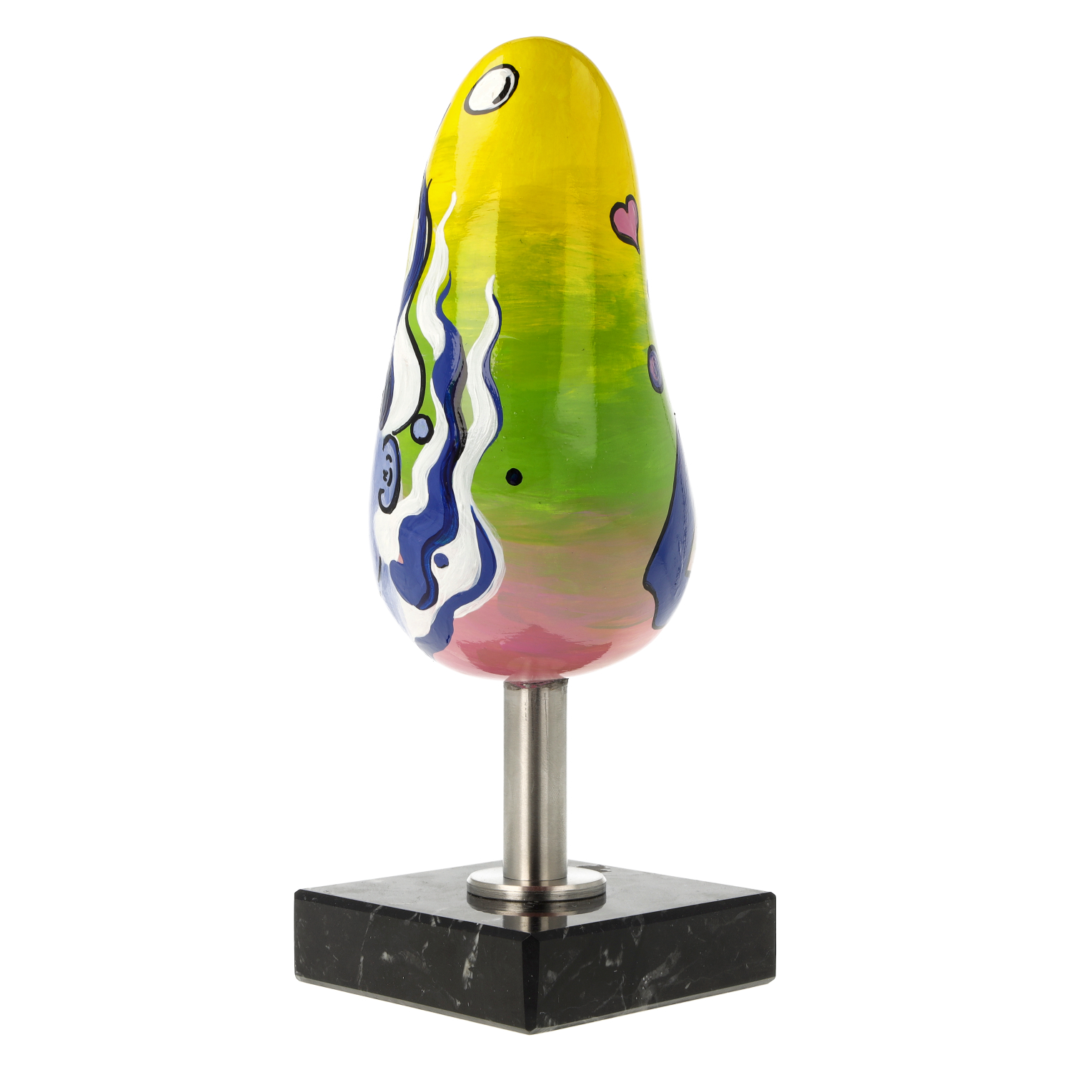Bunte abstrakte Skulptur auf Metallständer mit Sockel