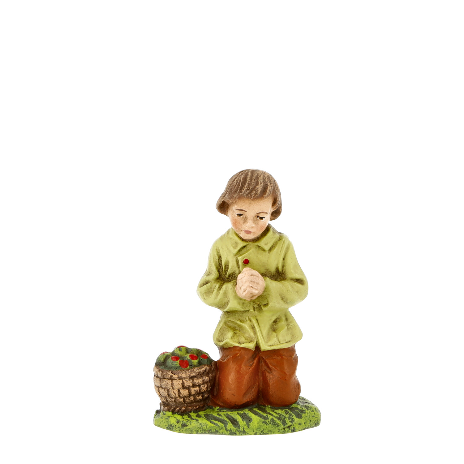 Kniender Junge mit Beerenkorb, handbemalte Figur