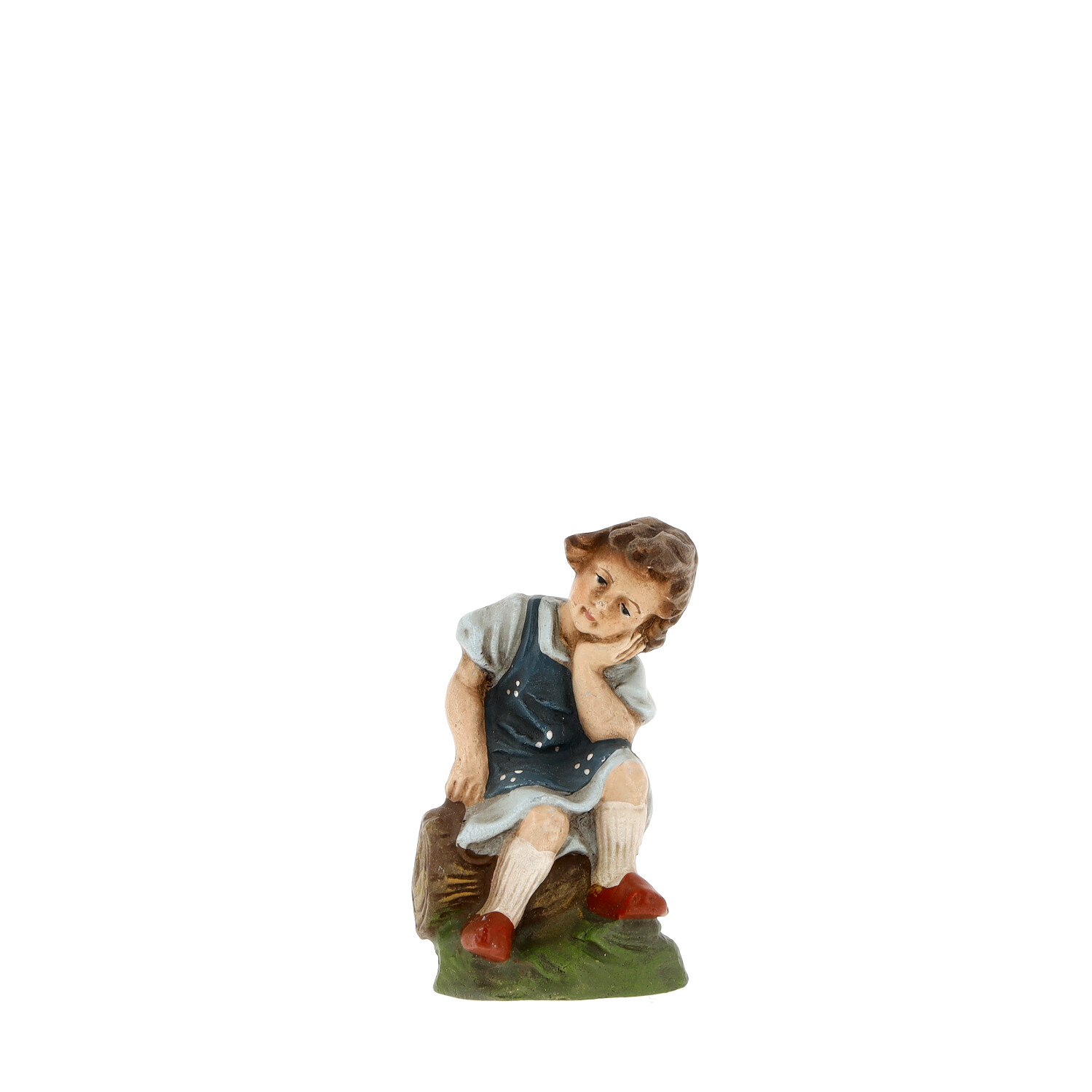 Mädchen auf Holzstamm sitzend, zu 12cm Marolin Krippenfiguren - made in Germany