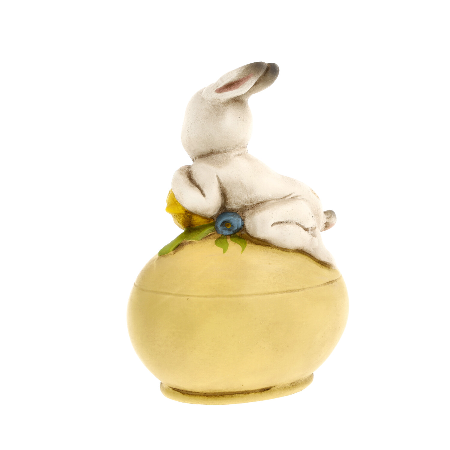 Deko-Hase auf gelbem Ei mit Blüte, Osterfigur