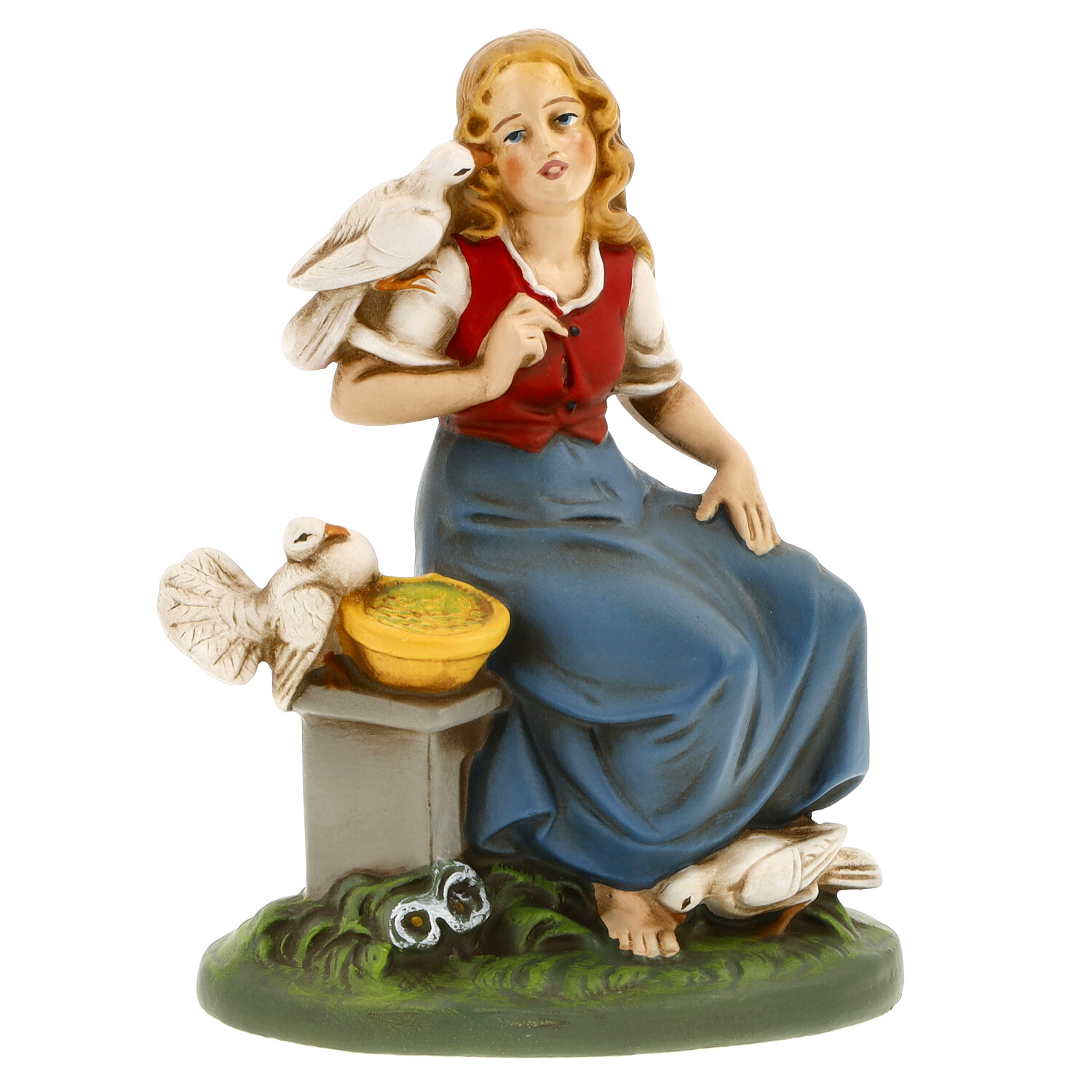 Sitzende Mädchenfigur mit Tauben und Futterschale