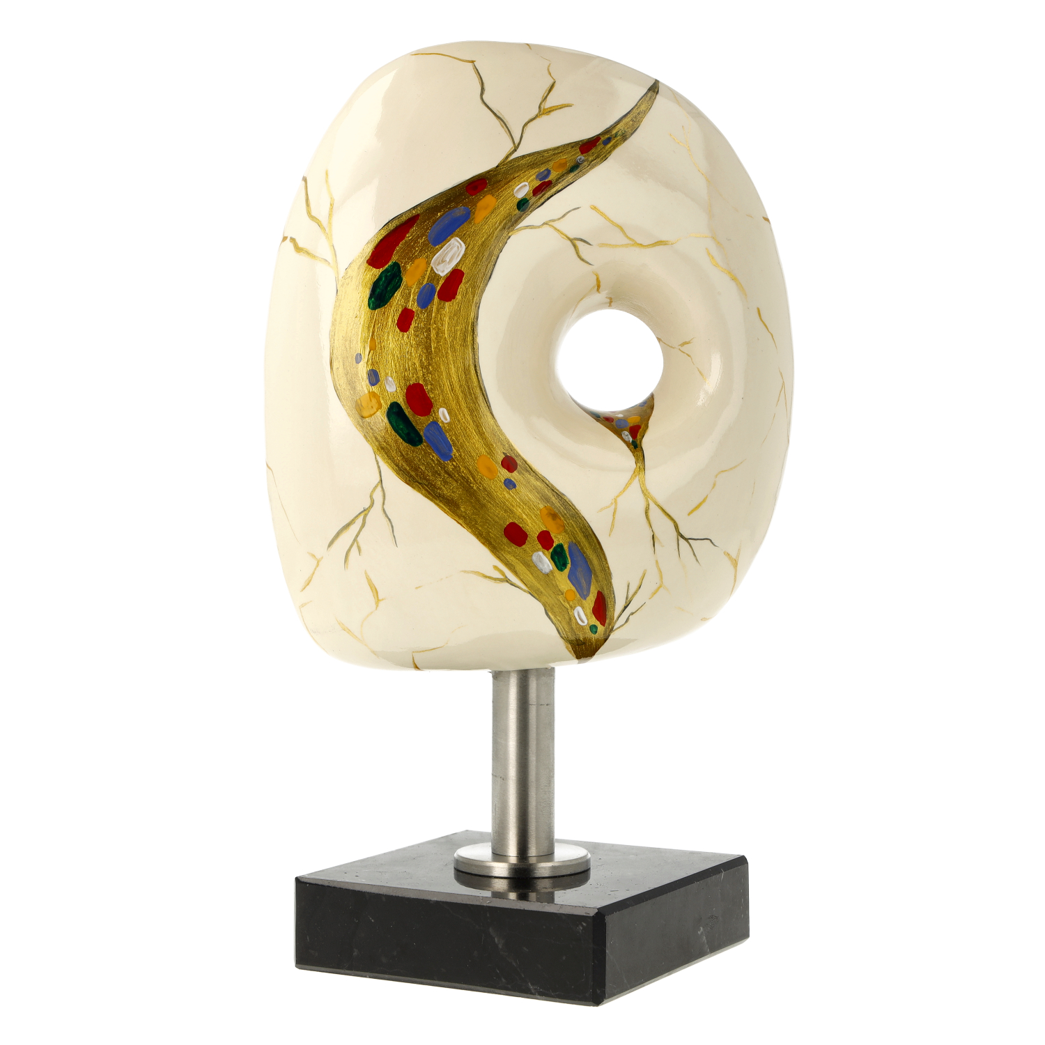 Abstrakte Keramikskulptur, creme-gold, auf Marmorsockel