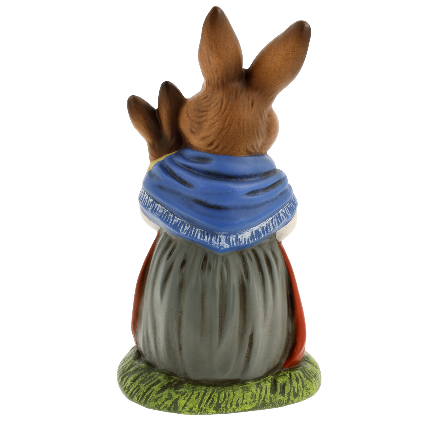 Hasenfigur mit Kind, blaues Tuch, Rückansicht