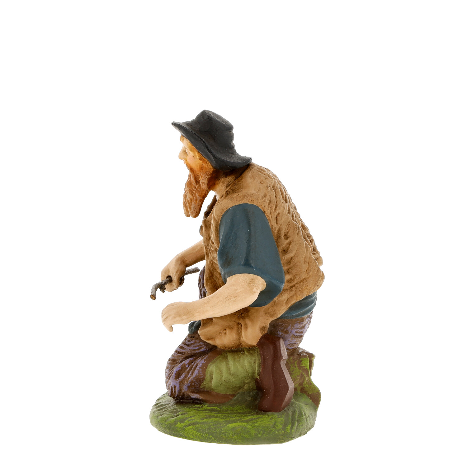 Kniender Hirte mit Hut, bemalte Krippenfigur