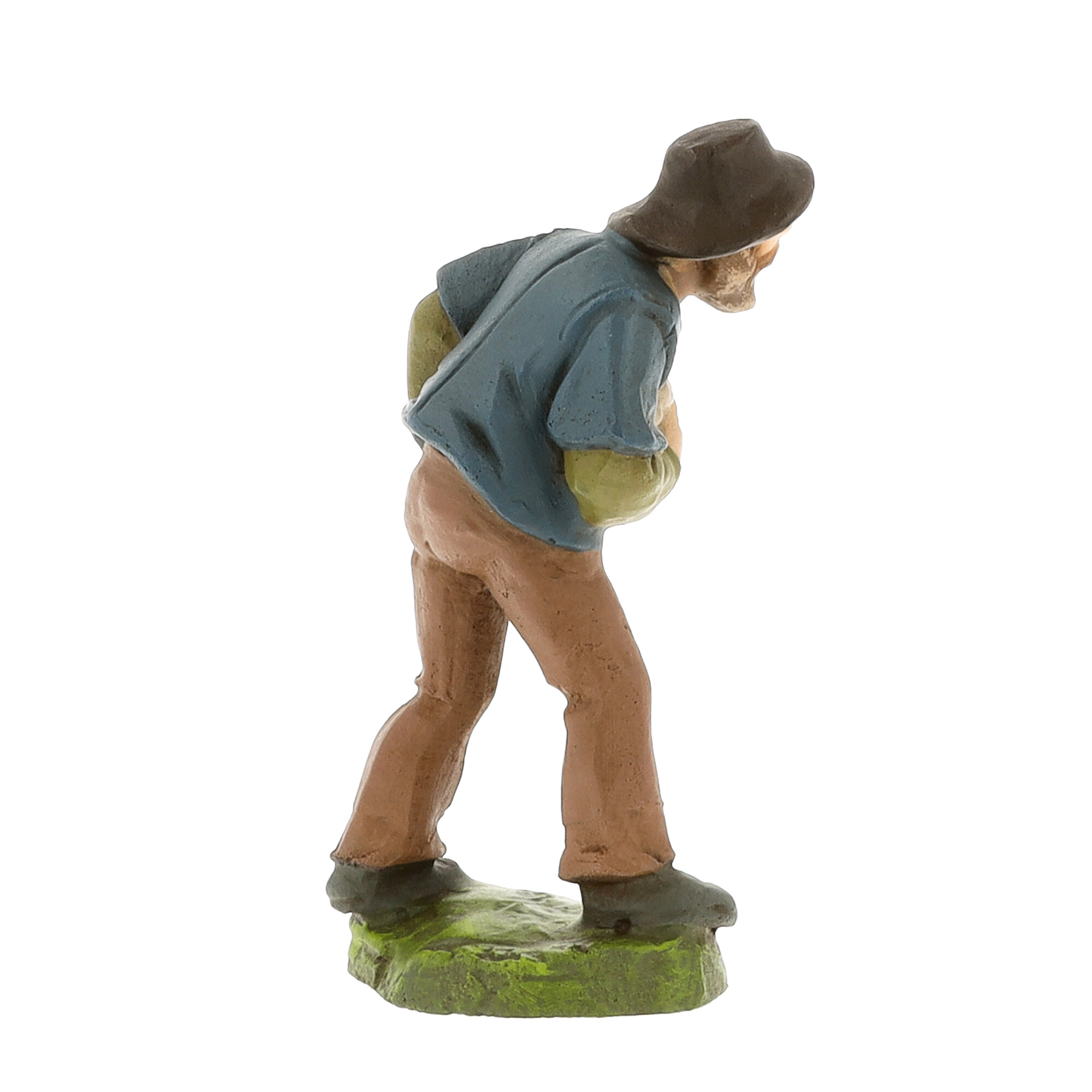 Miniaturfigur eines Mannes mit Hut, gebückt, auf Sockel