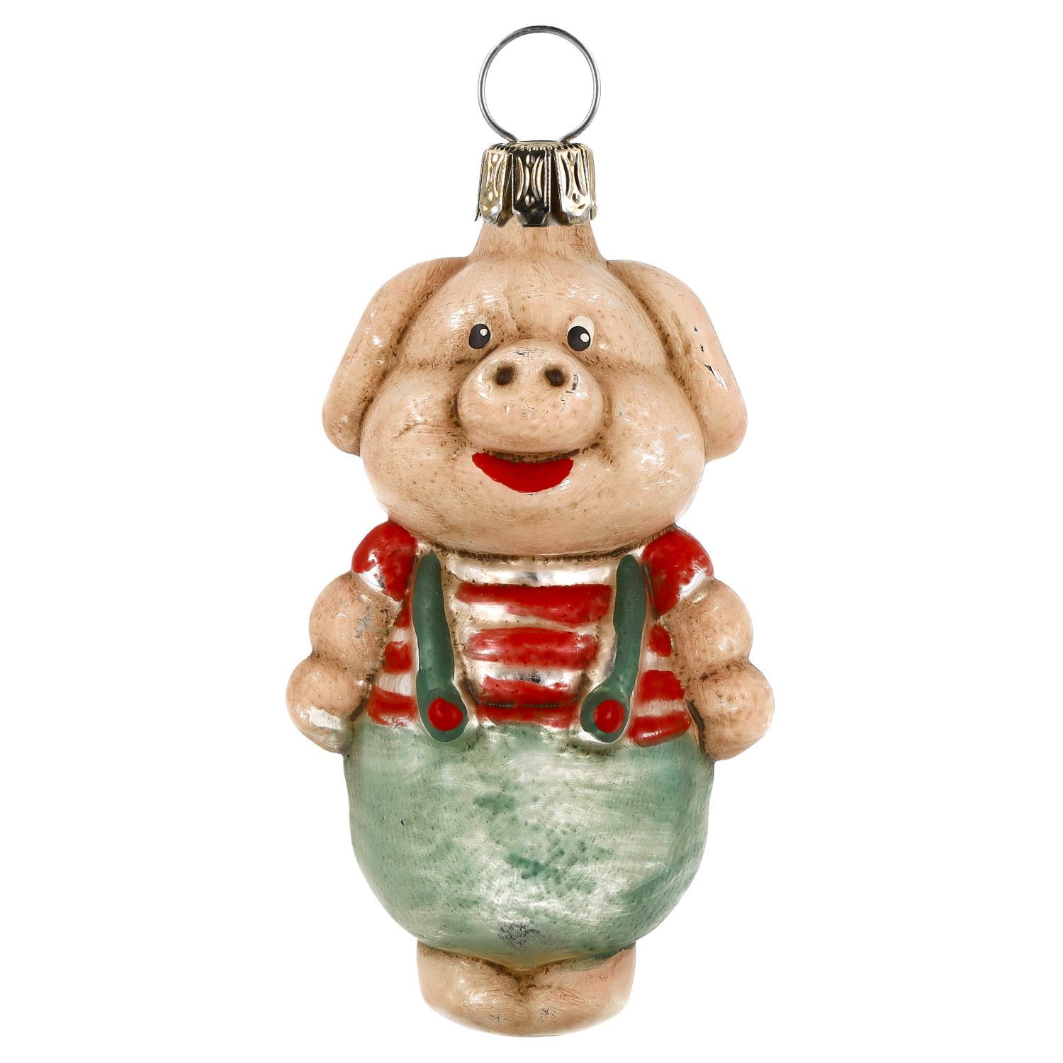 Handgemachter Glasbaumschmuck: Schwein mit Hose, patiniert
