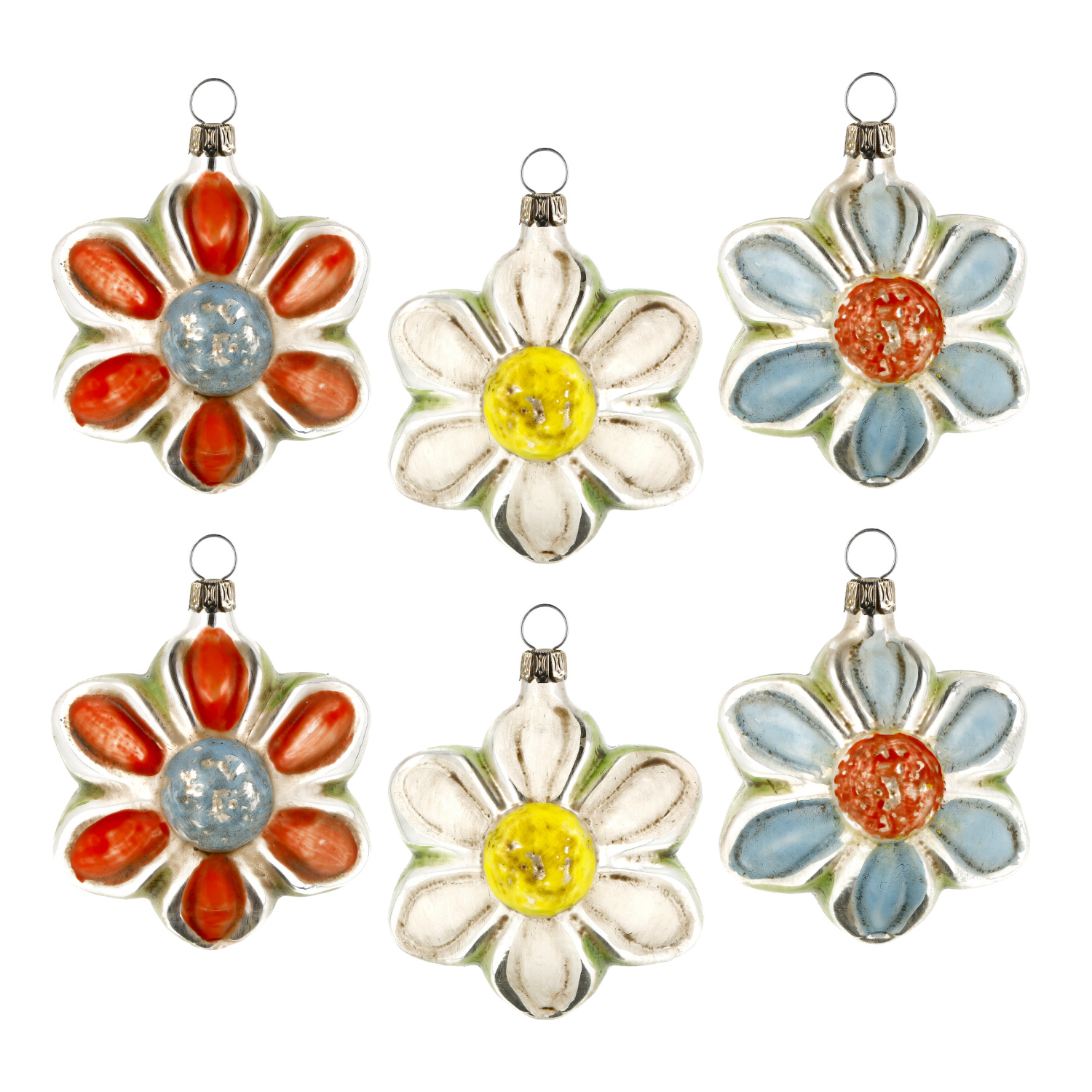 6 Glas-Blüten als Baumschmuck, rot, blau, gelb, Vintage