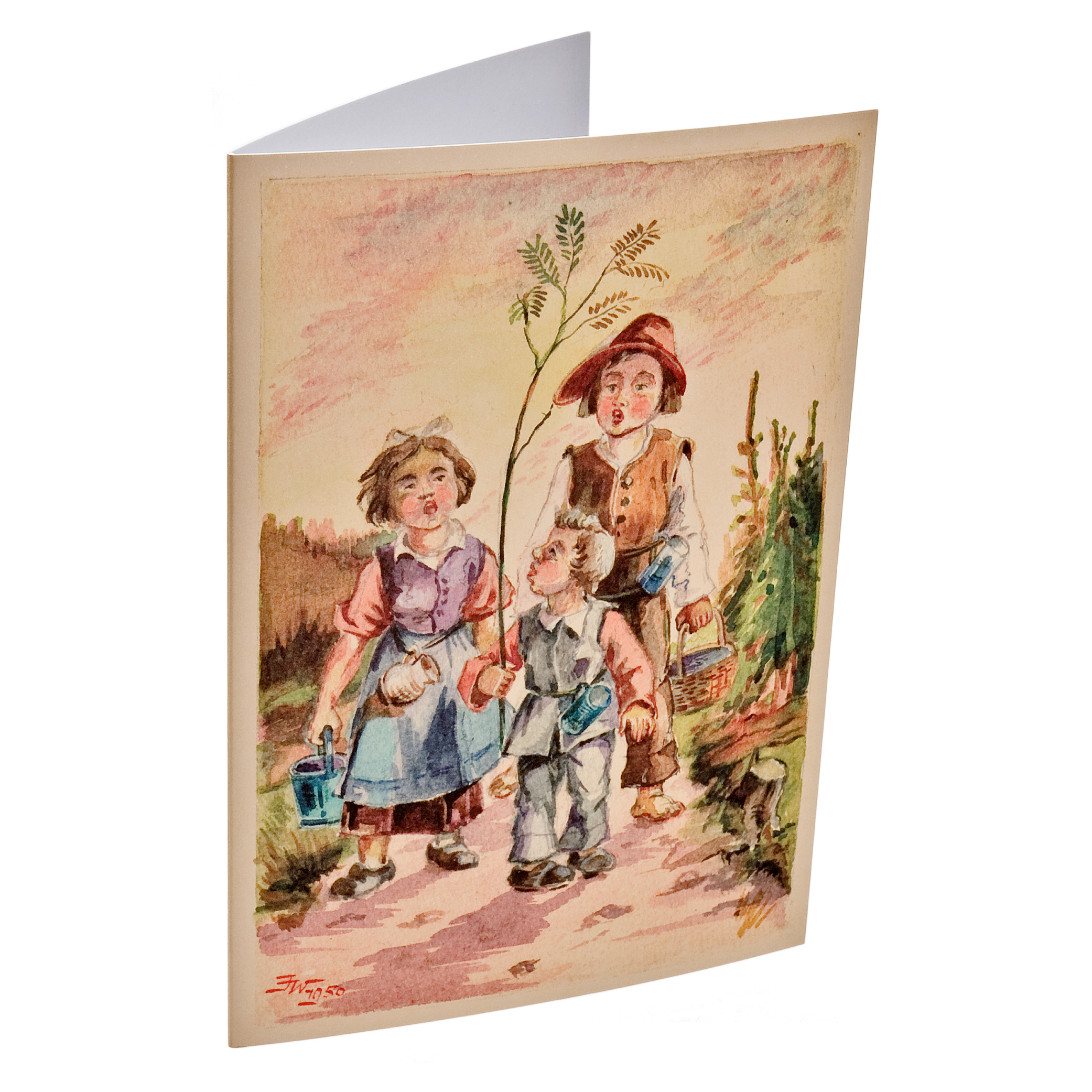 Grußkarte mit nostalgischem Kinder-Aquarell, Spaziergang