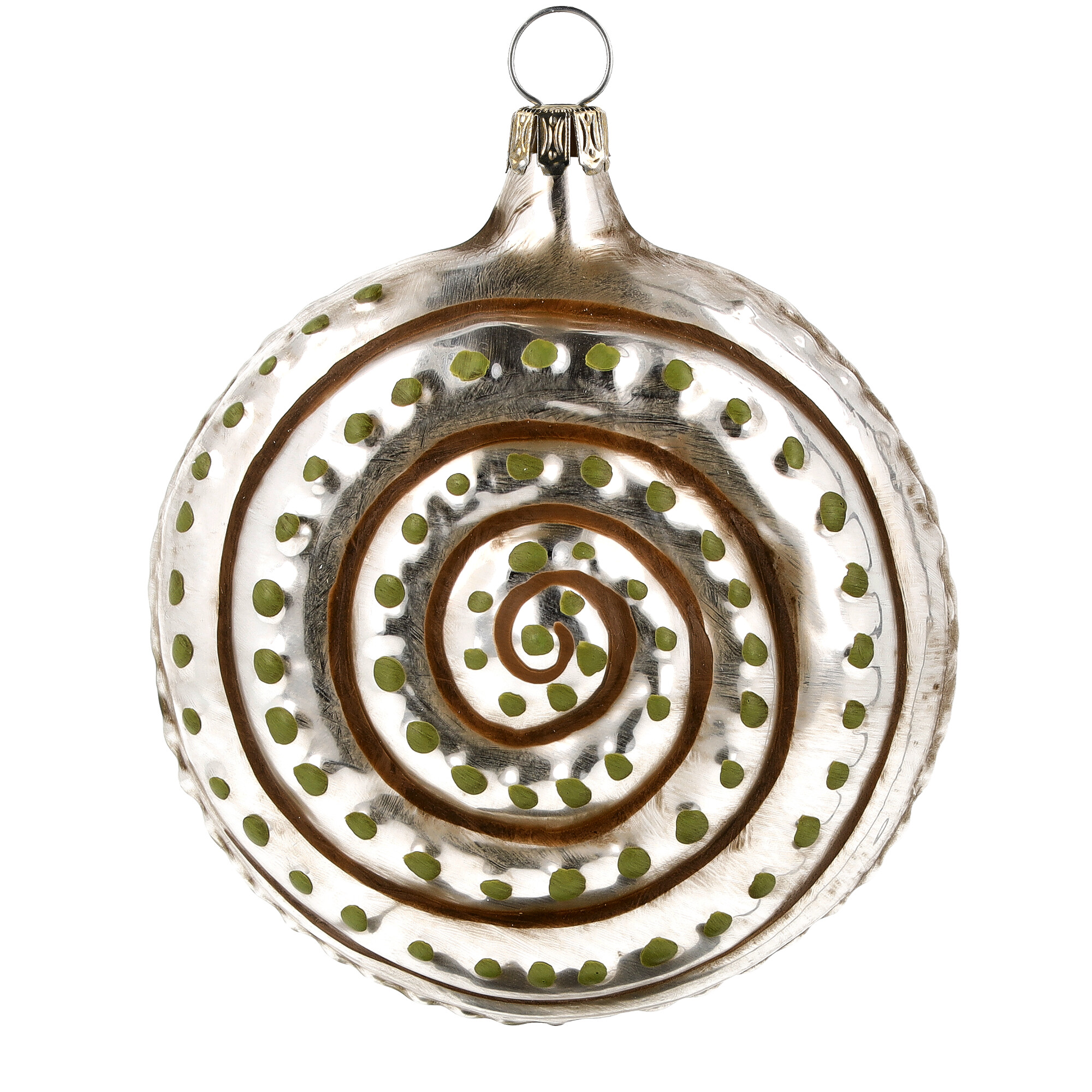Runde Glas-Weihnachtskugel mit Spirale und grünen Punkten