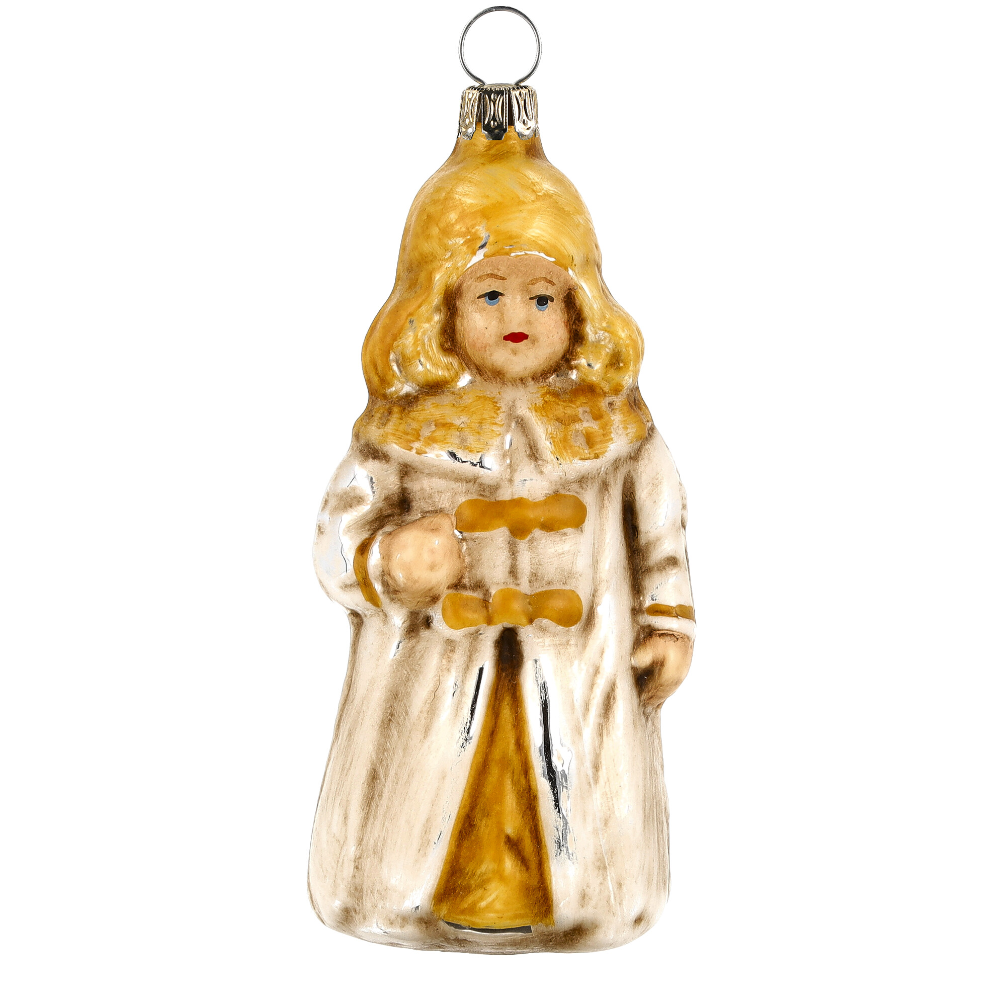Vintage Glas-Christbaumanhänger Mädchen im Wintermantel