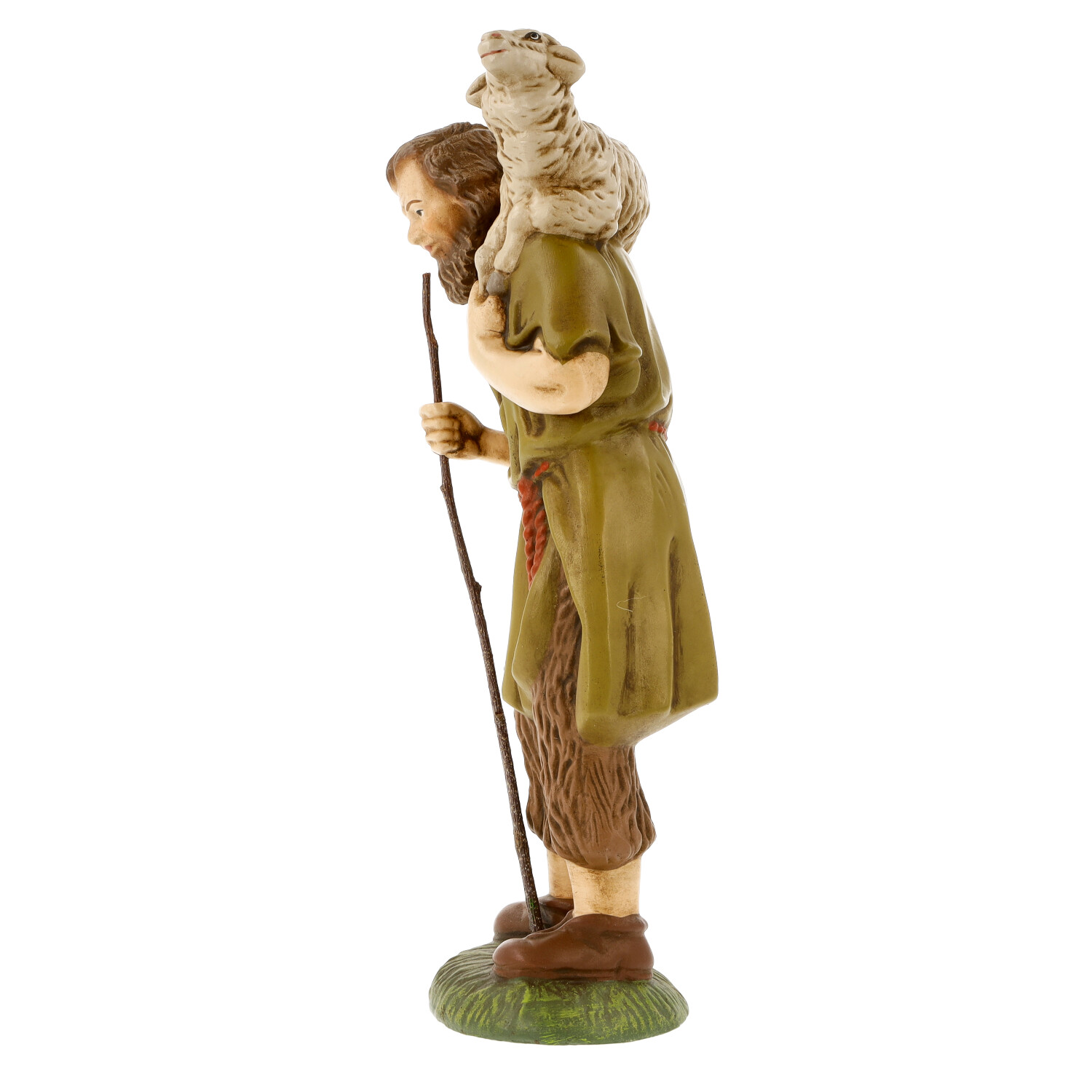 Hirte mit Stock, Schaf auf den Schultern - Krippenfigur