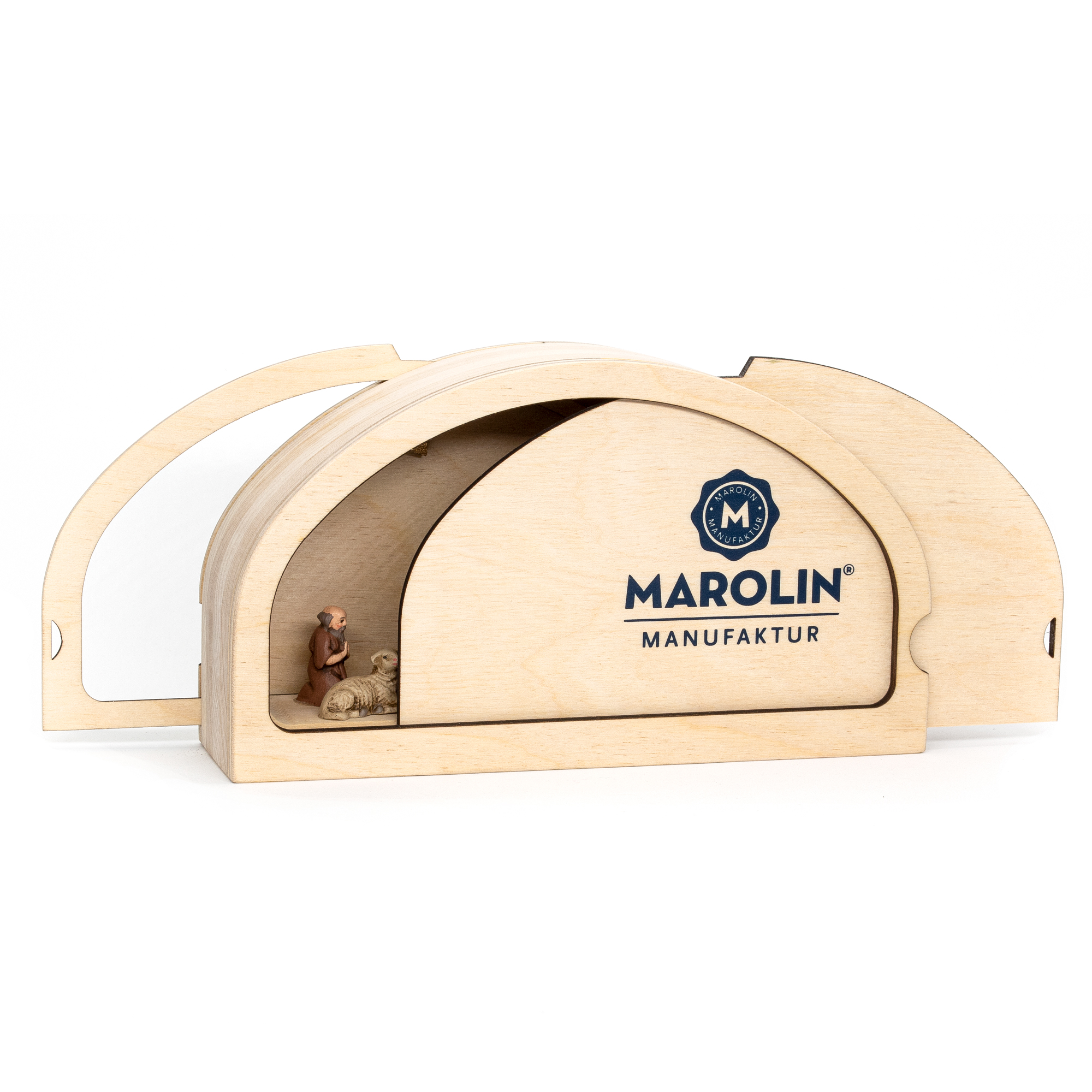Holzkrippe von Marolin in Klappbox, Schäfer mit Schaf