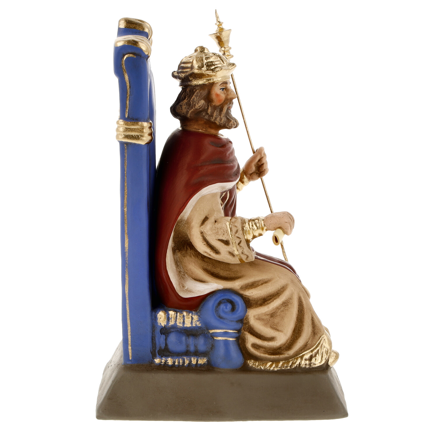 Sitzender König auf blauem Thron, Krippenfigur mit Zepter
