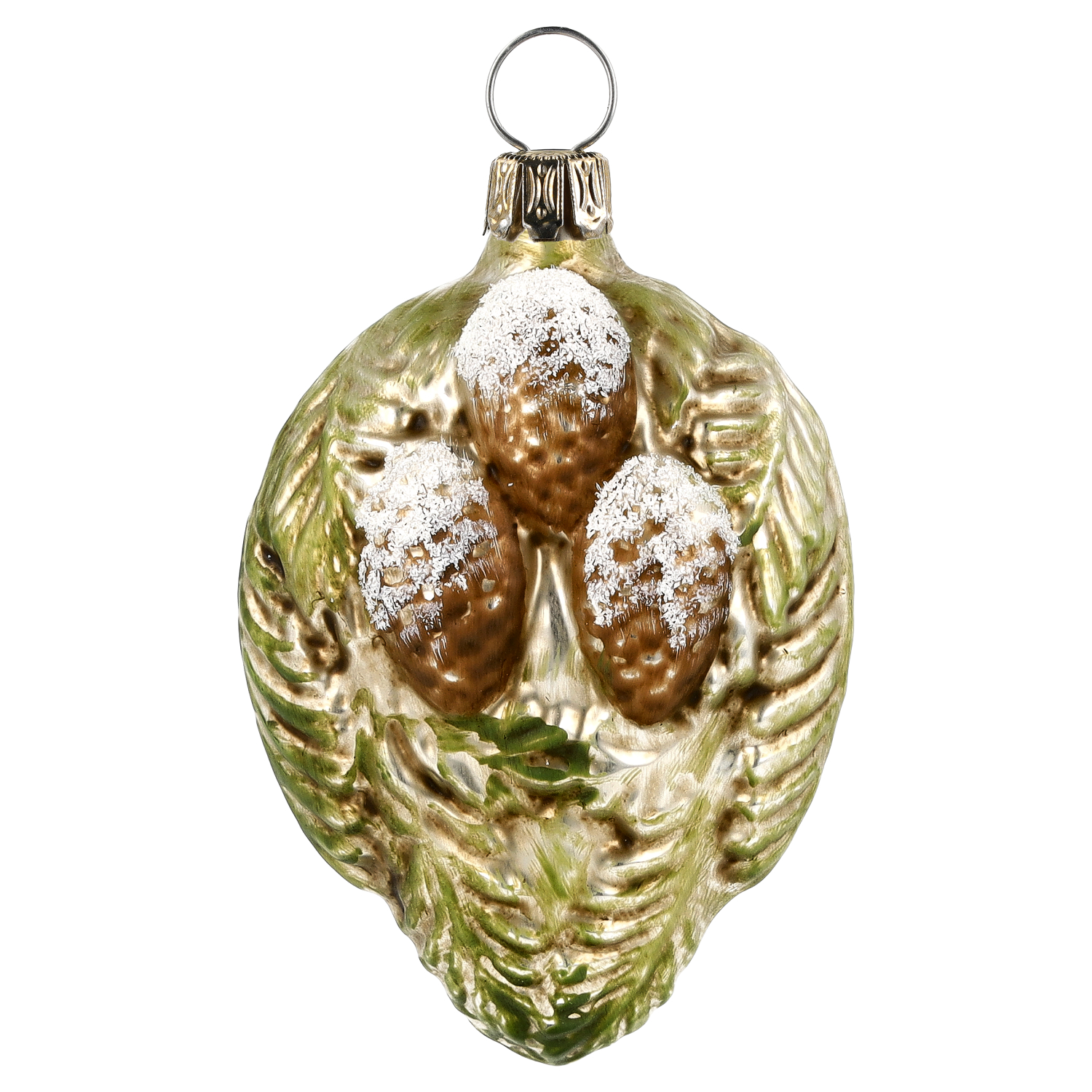Glas-Ornament mit drei schneebedeckten Tannenzapfen