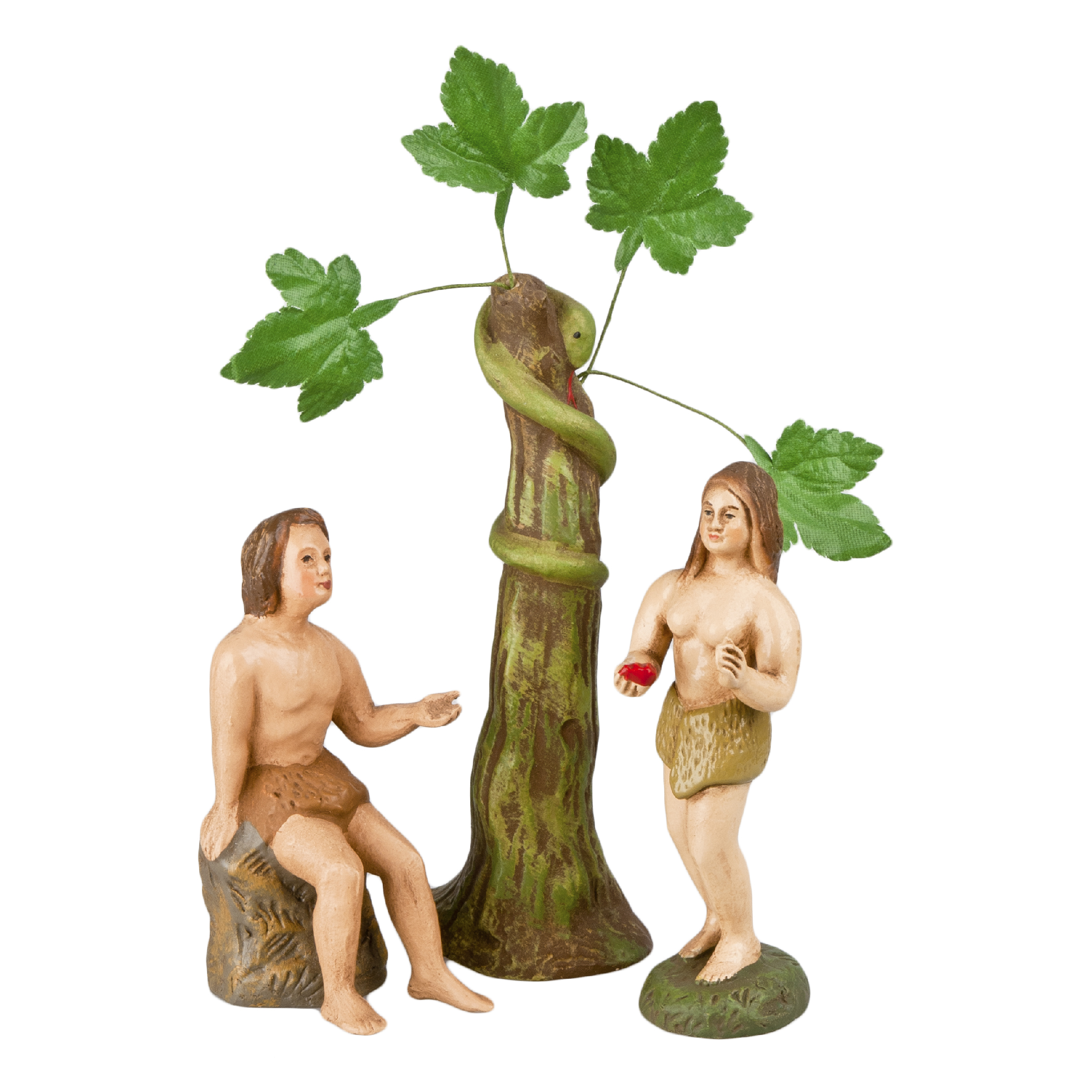 Figuren Adam und Eva am Baum, Schlange und roter Apfel